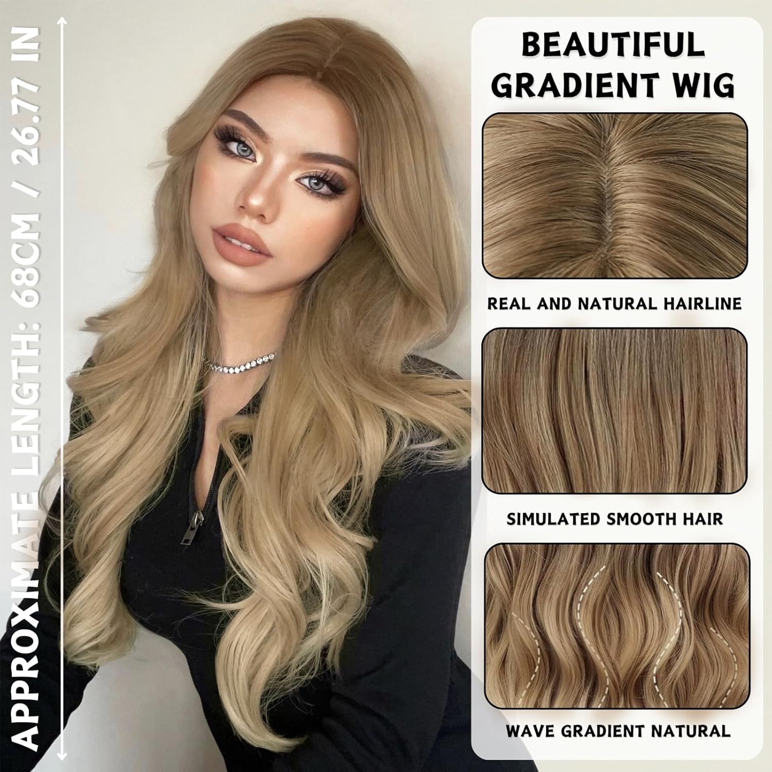 Perruque longue ondulée femme 68cm, synthétique, centre, blonde