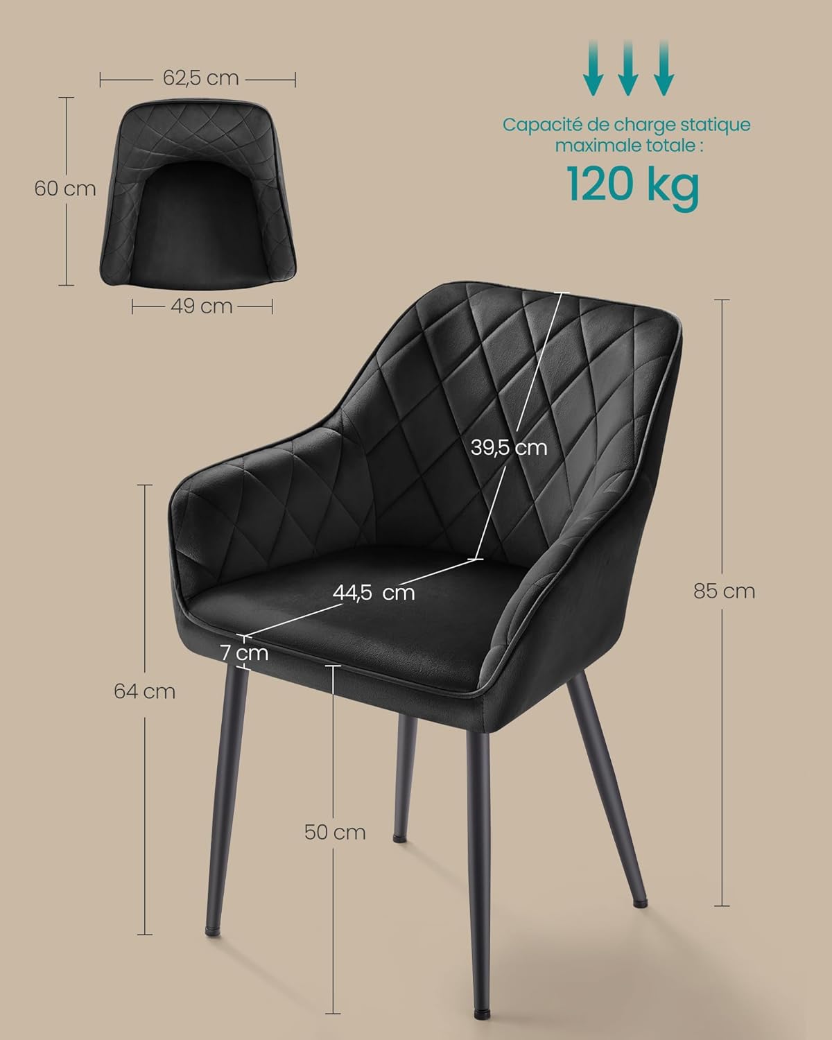 SONGMICS - chaise salle à manger, velours, pieds métal, 49 cm, 120 kg, LDC088B01