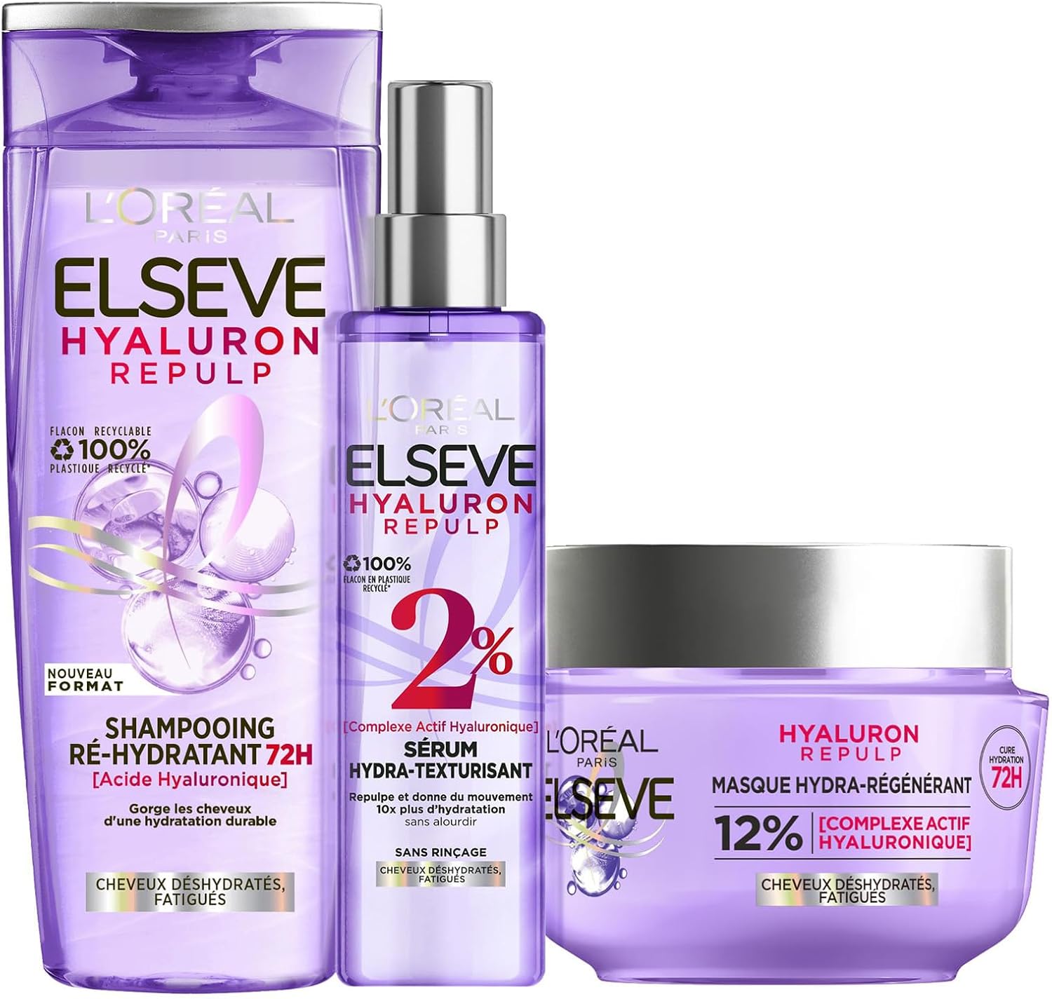 L'Oréal Paris - Elseve Hyaluron Repulp - 3 produits - Hydratation 72H, acide hyaluronique, cheveux déshydratés