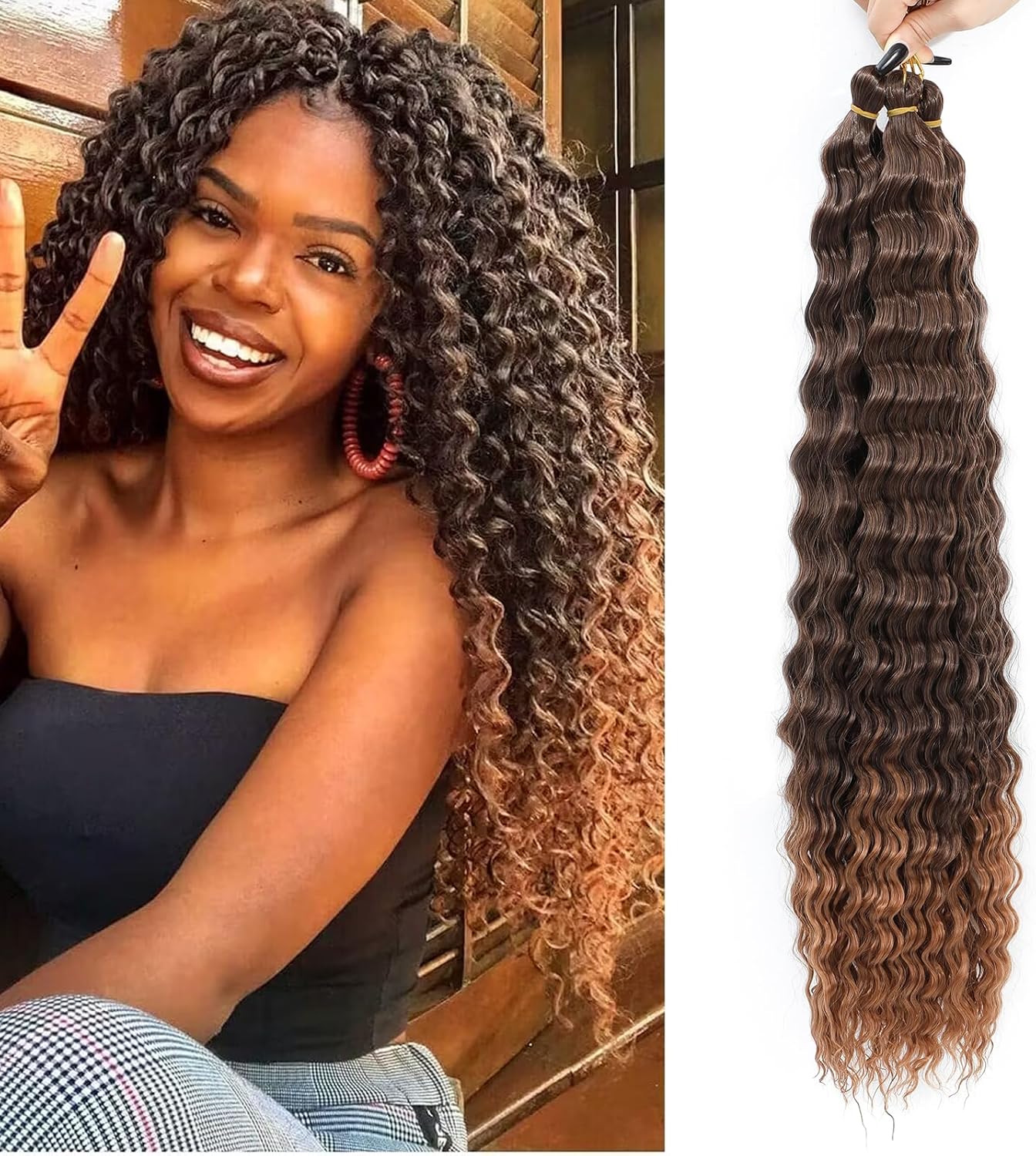 Extensions cheveux - Ocean Wave Deep Wave, 22 pouces, pack de 6, boucles douces, T4/30#