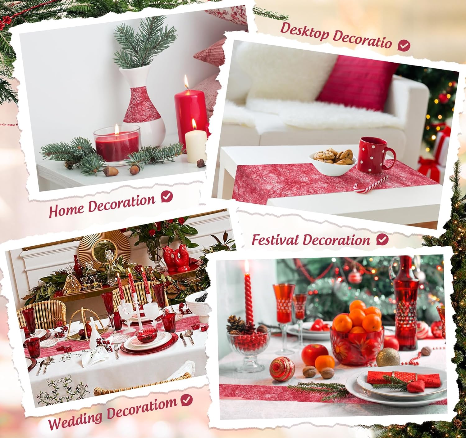 Chemin de table - non tissé, rouge, 23x300cm - 150 cœurs, réutilisable, fête/mariage