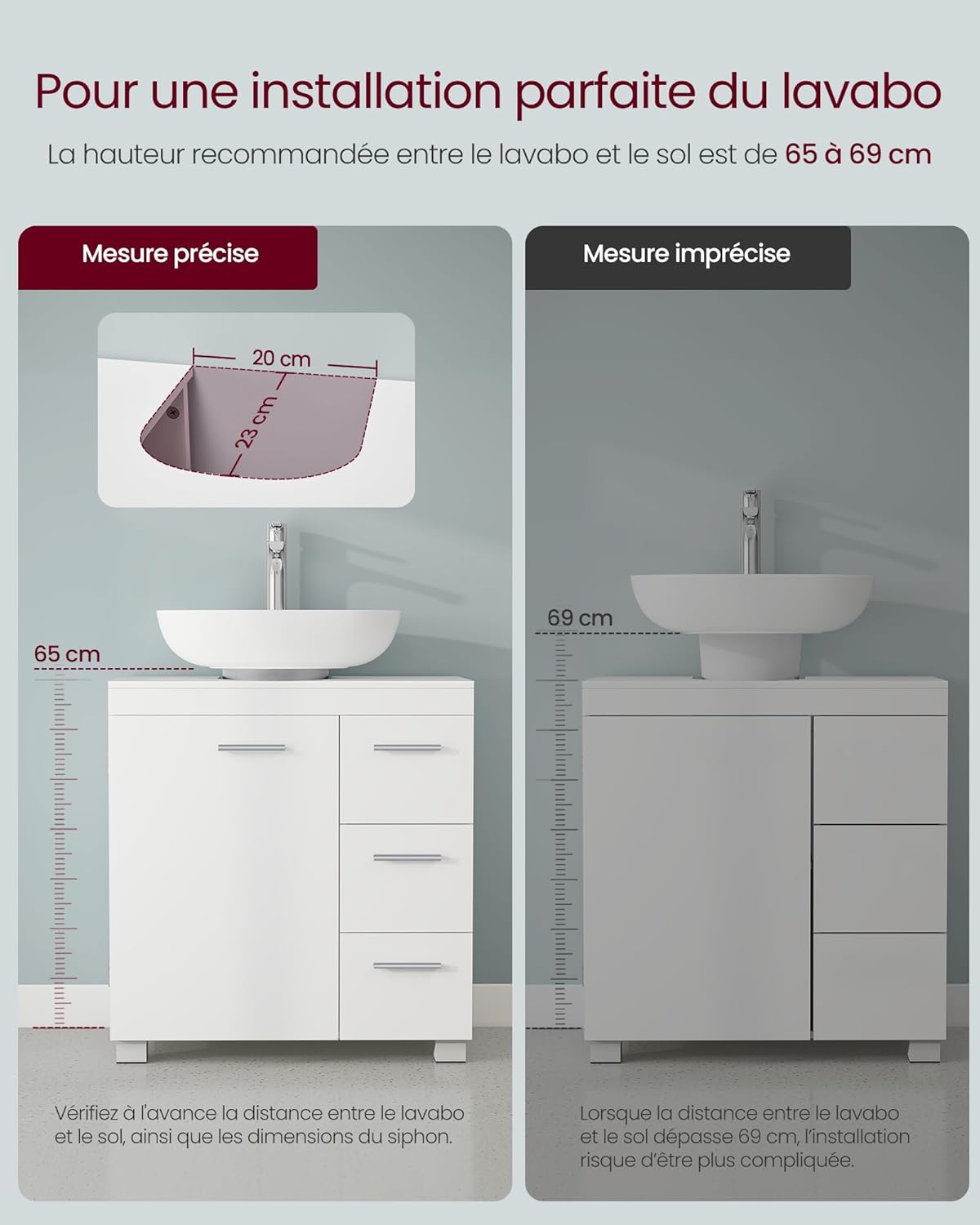 VASAGLE - meuble sous lavabo série BBK514WB01 - 30x60x64 cm - 3 tiroirs, 2 compartiments, pieds, blanc