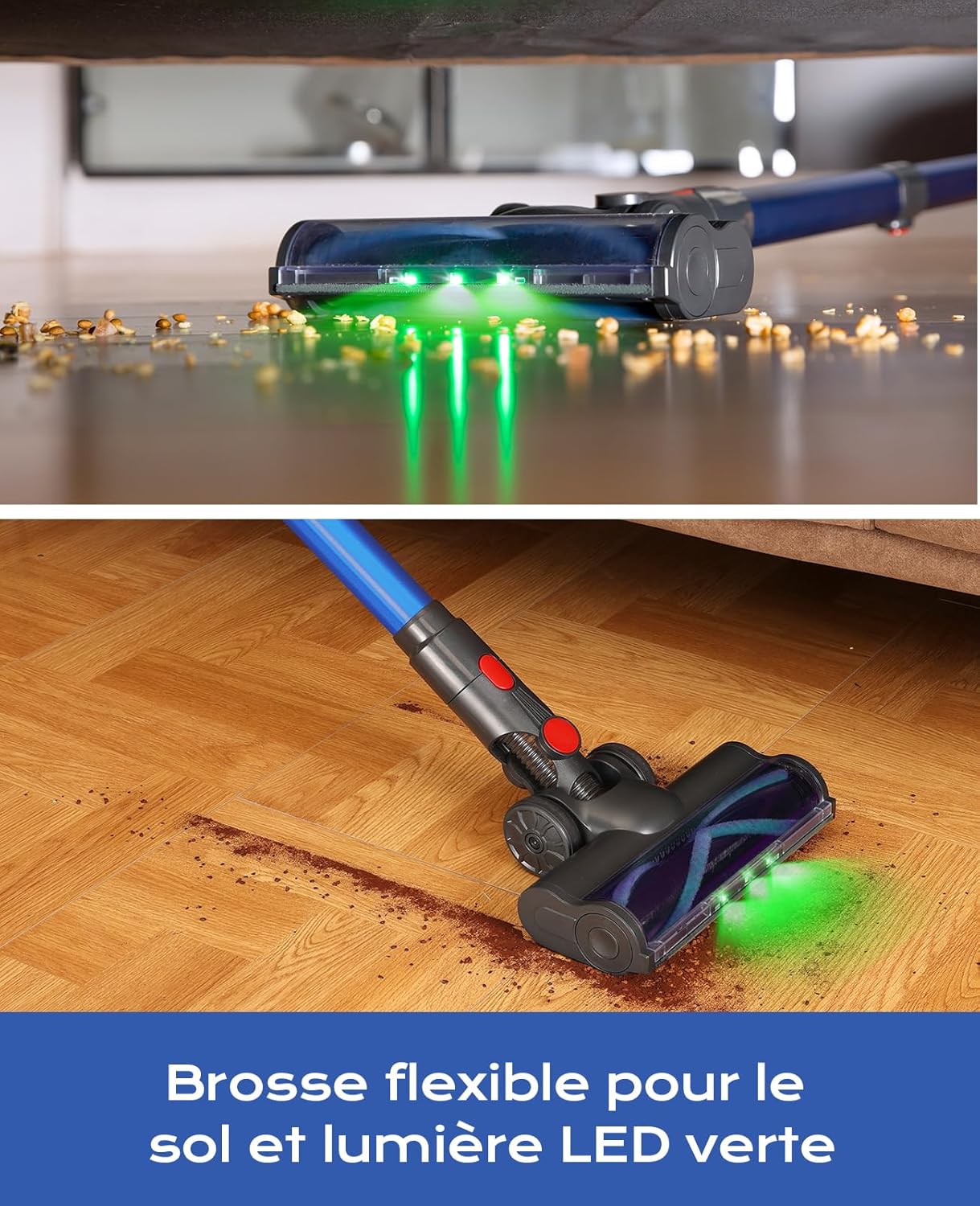 Aspirateur balai sans fil - 450W, 40KPA, 50min autonomie, LED verte, brosse sols/tapis, bleu