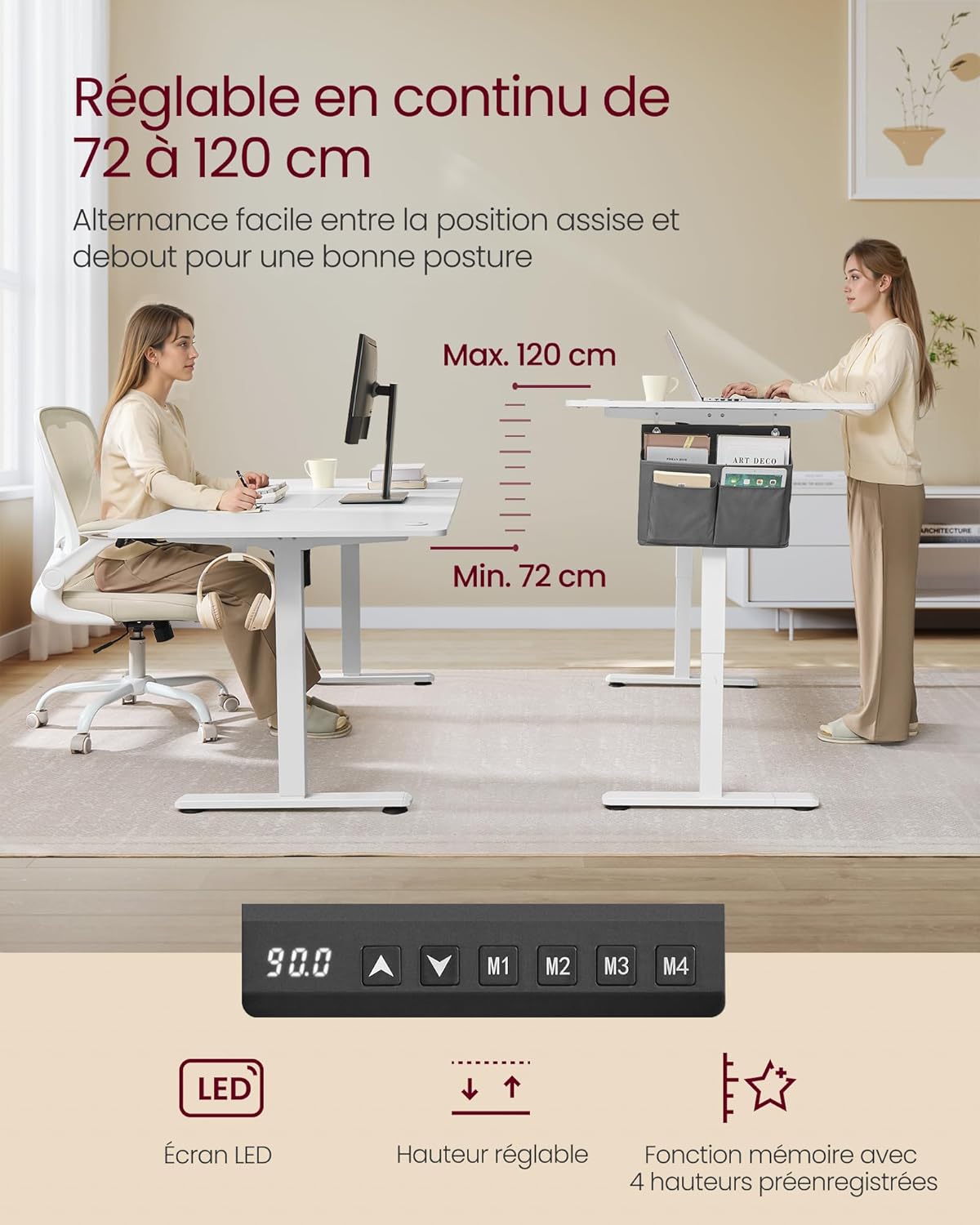 SONGMICS - bureau assis-debout, 180x80 cm, réglable, mémoire 4 hauteurs, LSD138W01
