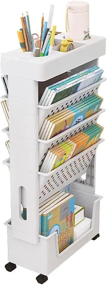 Étagère de bureau mobile - 5 niveaux - avec roulettes, rangement étroit, organisateur porte-revues, pour maison/cuisine/