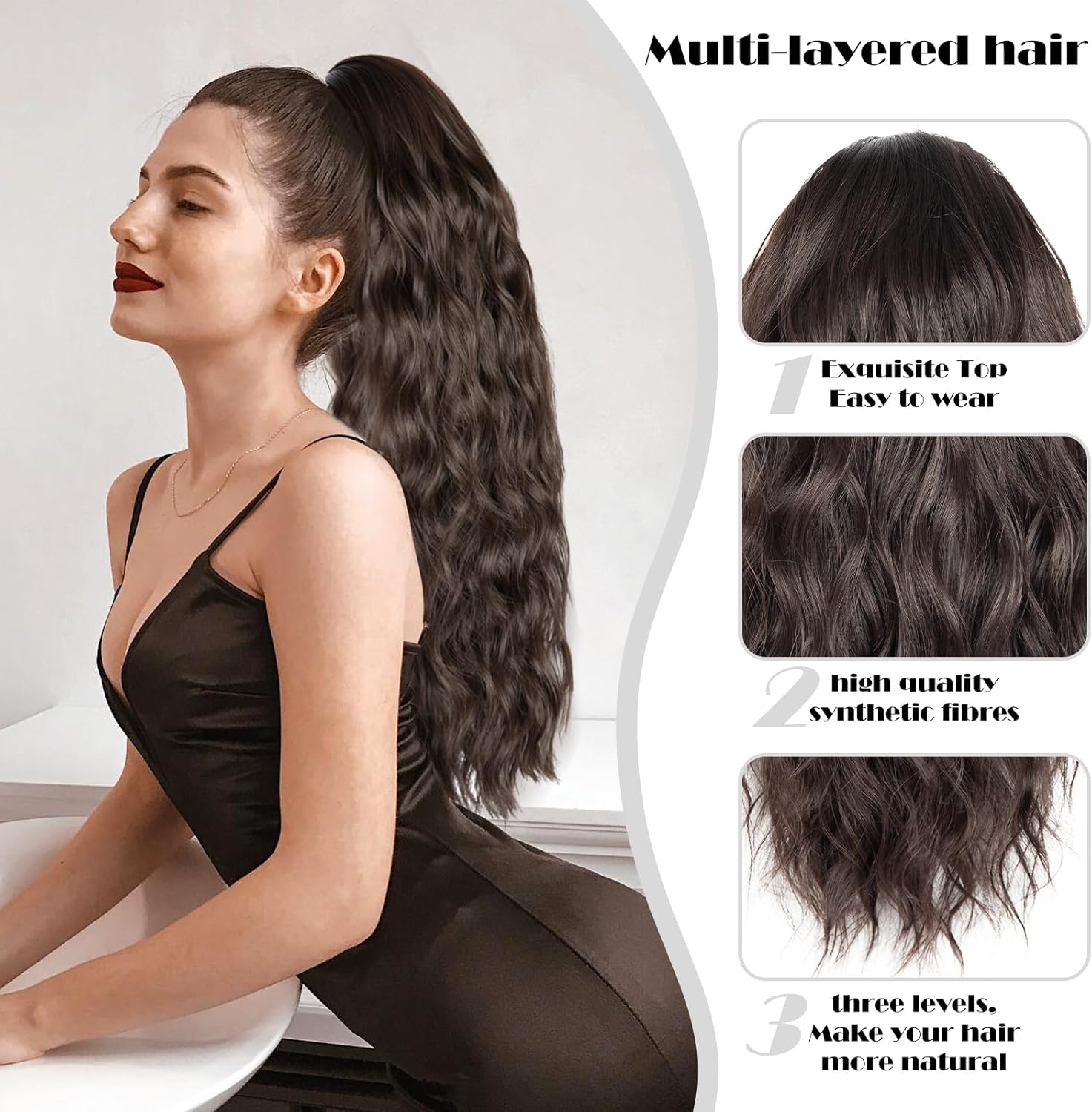 Extension cheveux naturel - queue de cheval 66cm, ondulée, marron