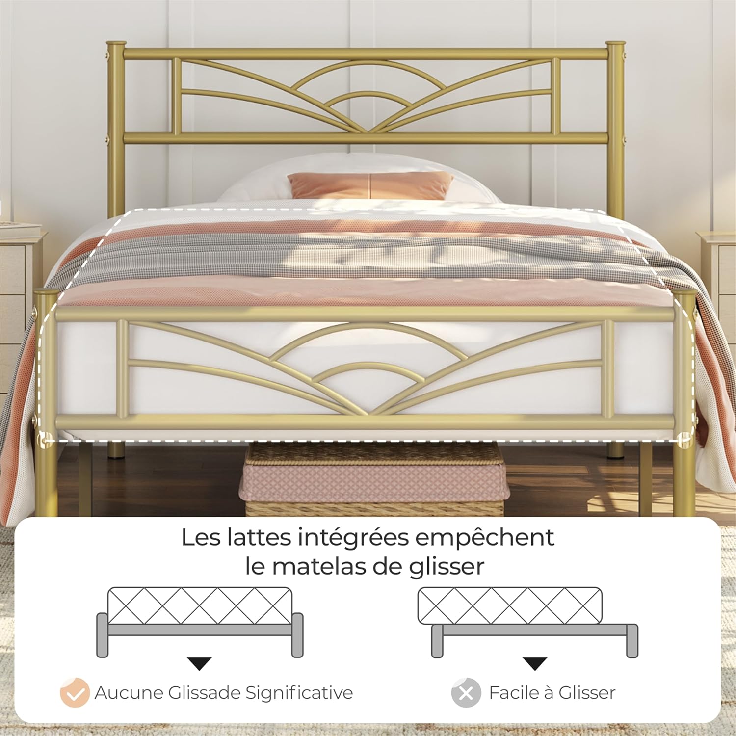 Yaheetech - lit simple métal - 90x190cm - cadre compact or antique