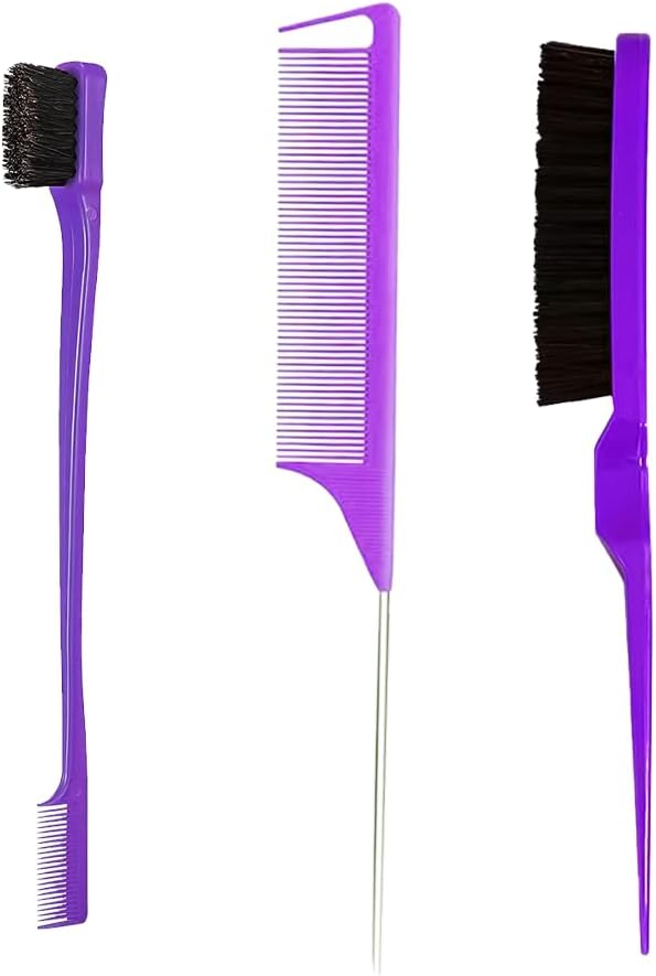 Peigne de cheveux - set 3 pièces - queue de rat, double tranchant, brosse violette