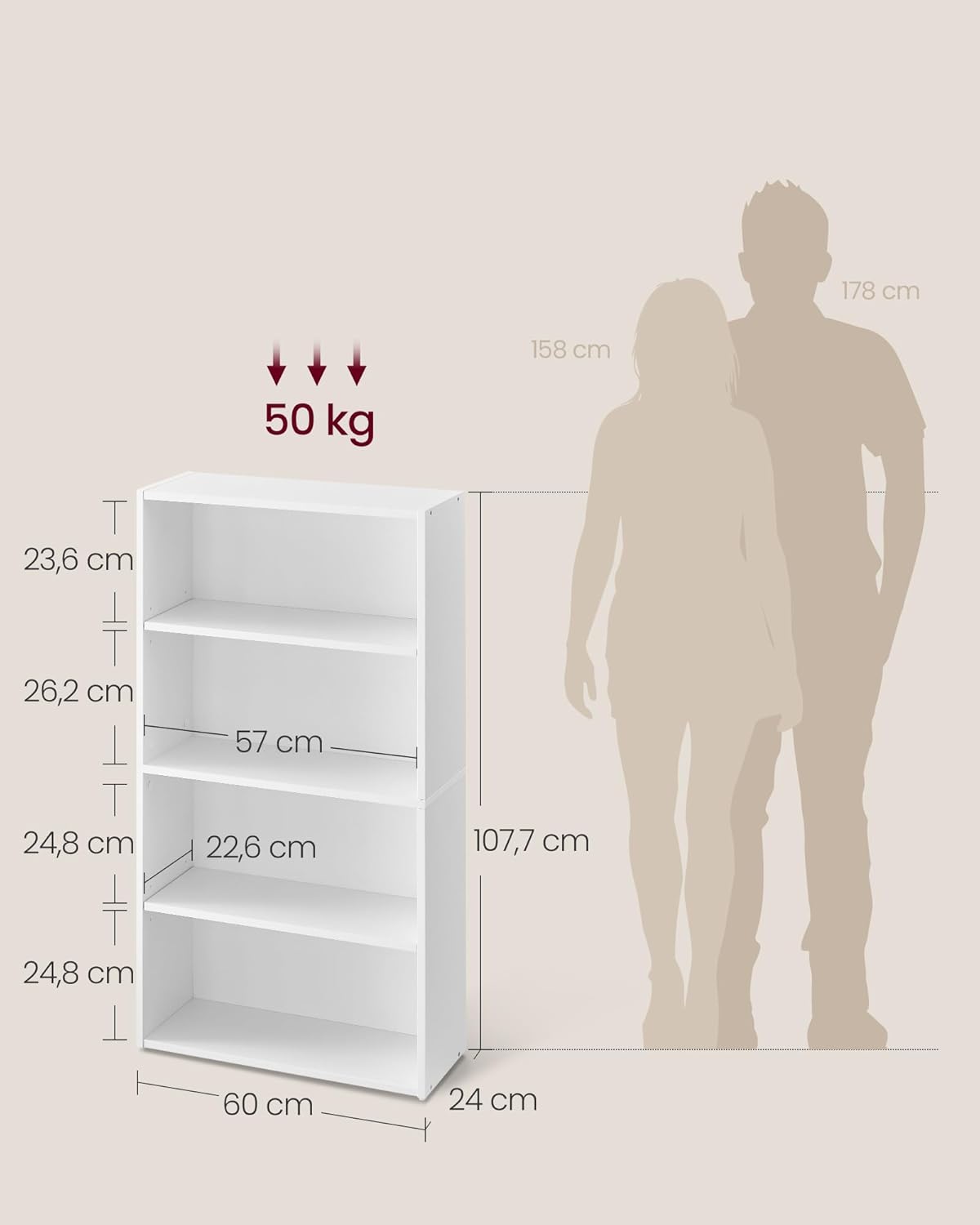 VASAGLE - étagère 4 niveaux - 24x60x107,7 cm - rangement blanc LBC164T14