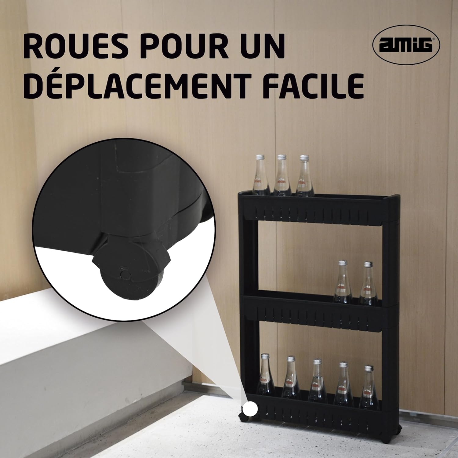 Amig - Böken - 54x12x78 cm - Chariot 3 niveaux, roulettes, noir