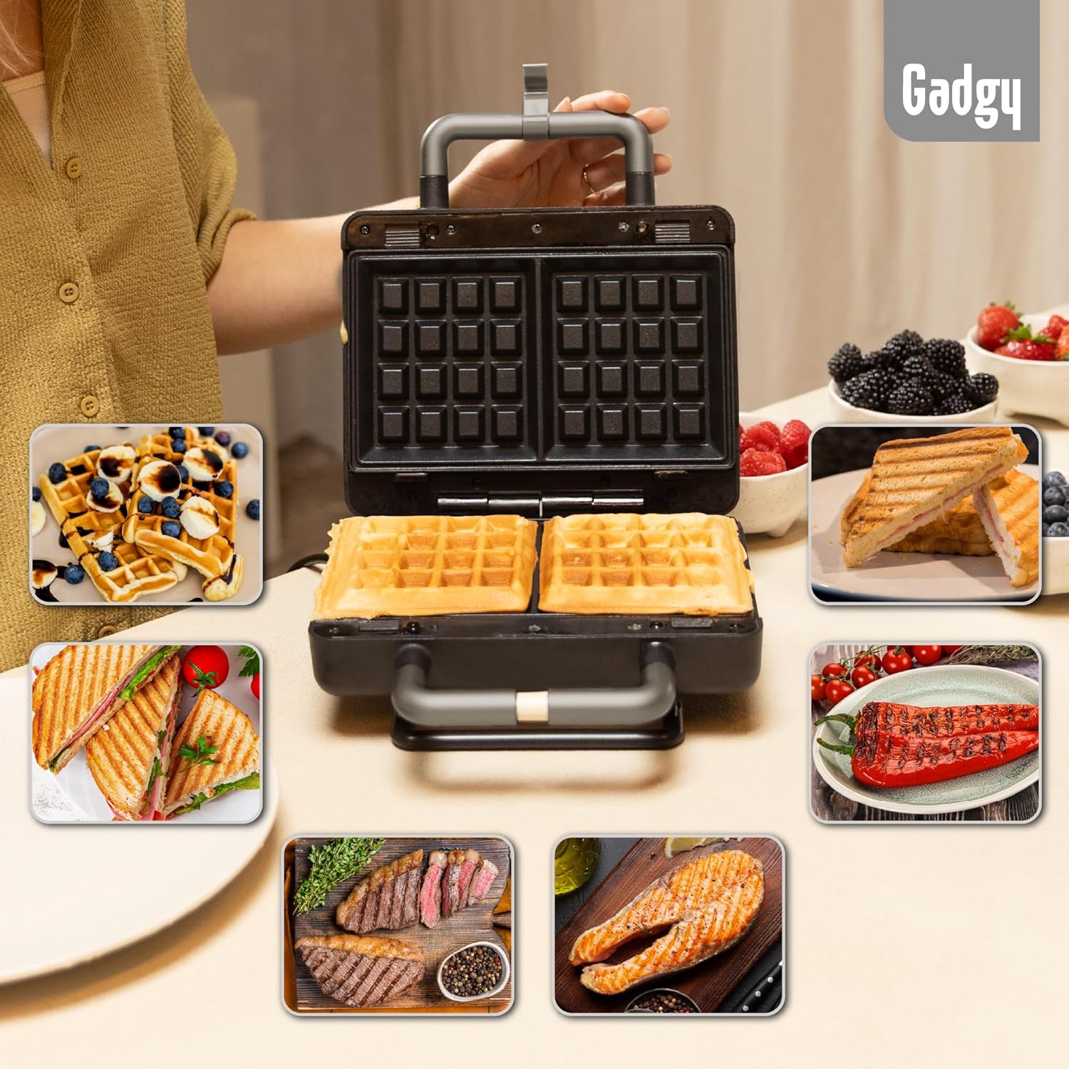 Gadgy - 2 en 1 Gaufrier/Croque-Monsieur - plaques amovibles, thermostat, rangement vertical