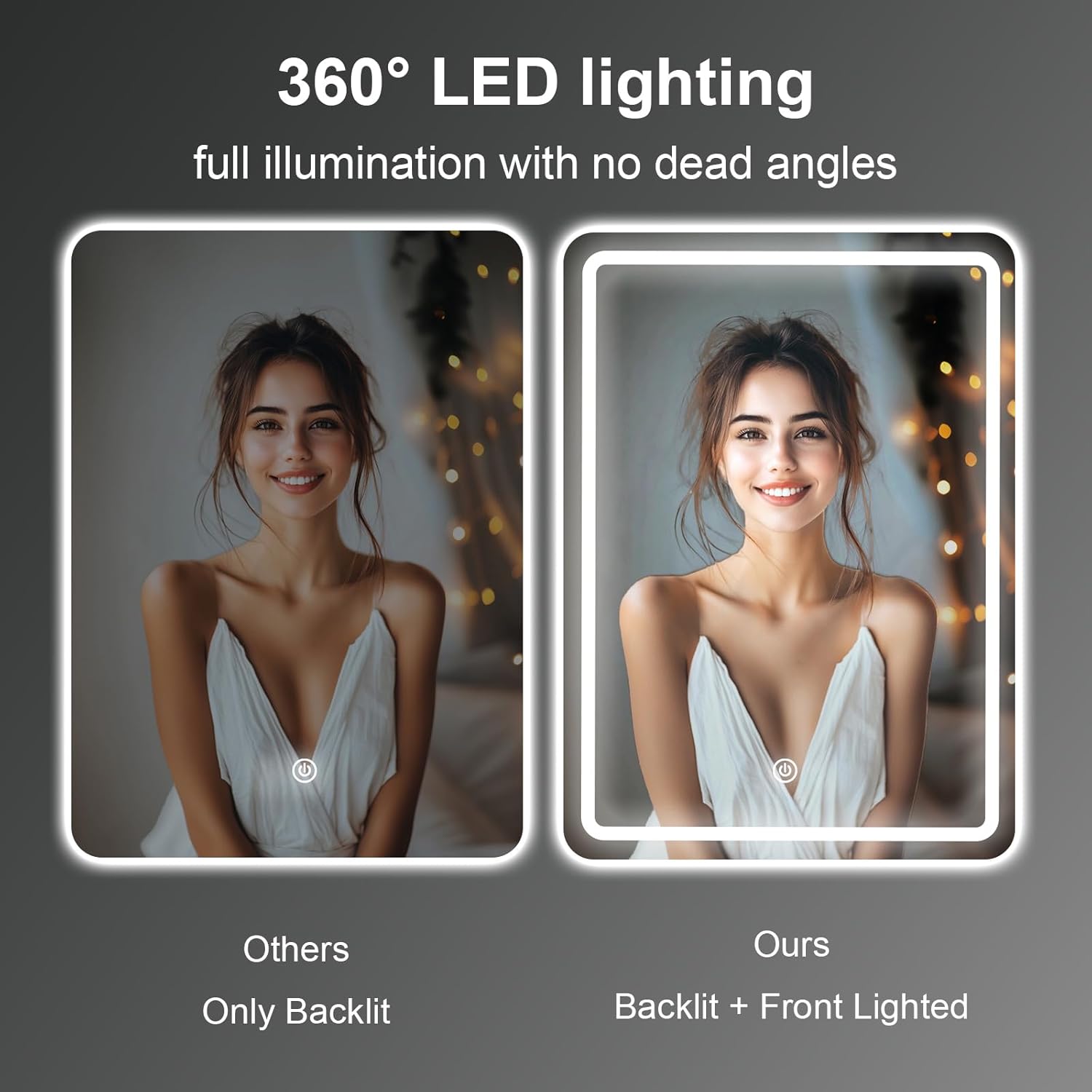 Miroir mural LED salle de bain, 60x45 cm, éclairage tactile, 3 couleurs