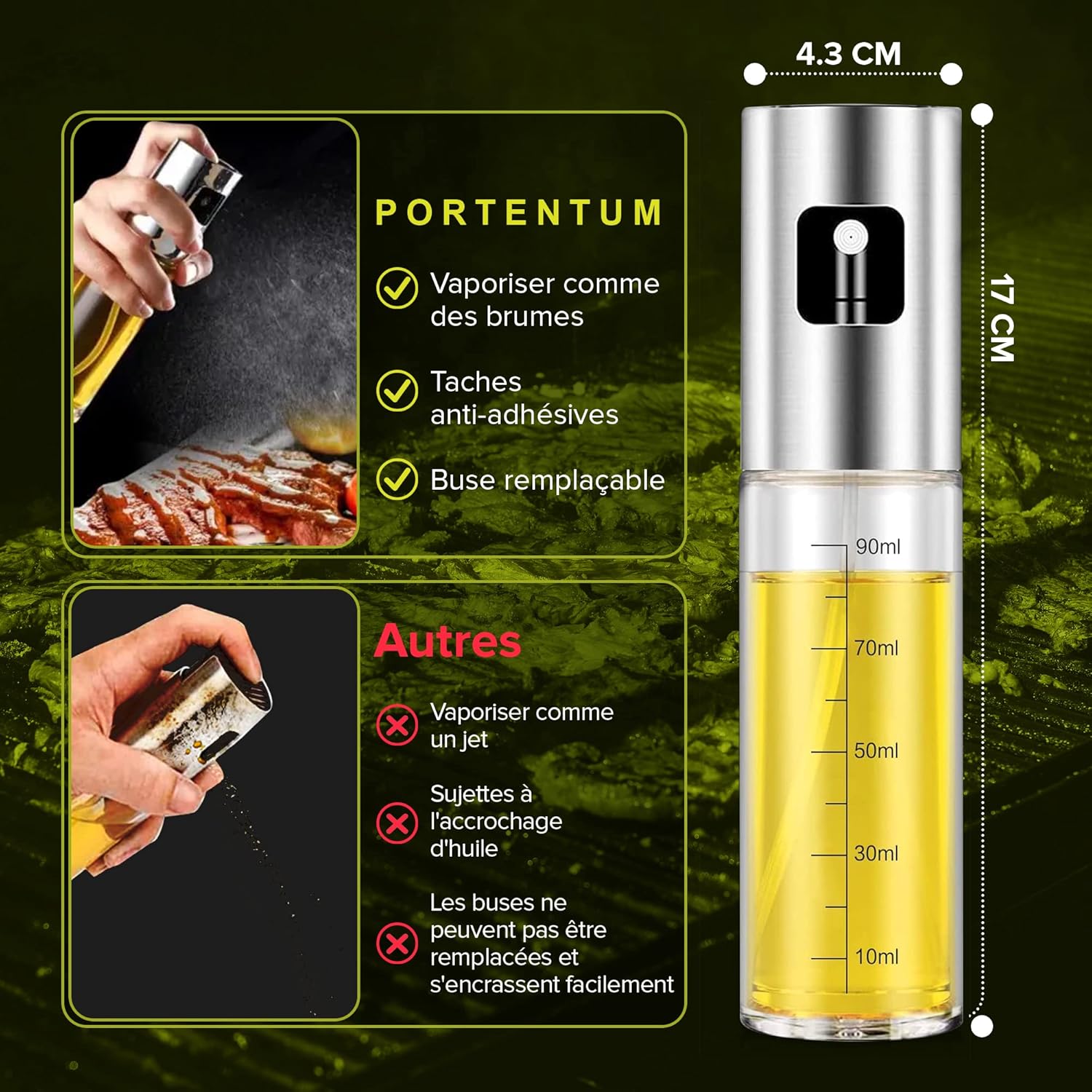 PORTENTUM - Pulvérisateur d'huile Premium 100ml - verre, anti-goutte, accessoire friteuse