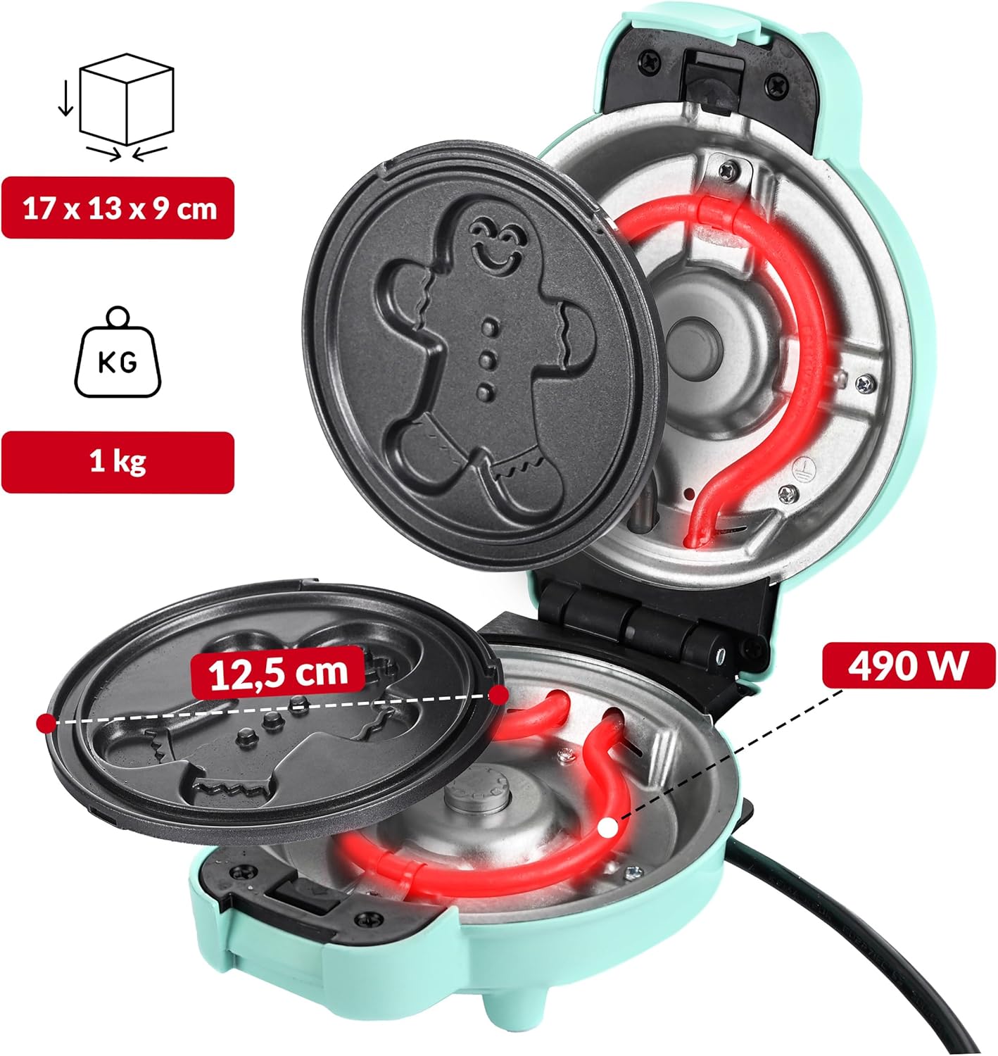 LEHMANN - mini gaufrier séries 4 formes - plaques interchangeables, antiadhésif, menthe, idéal enfants