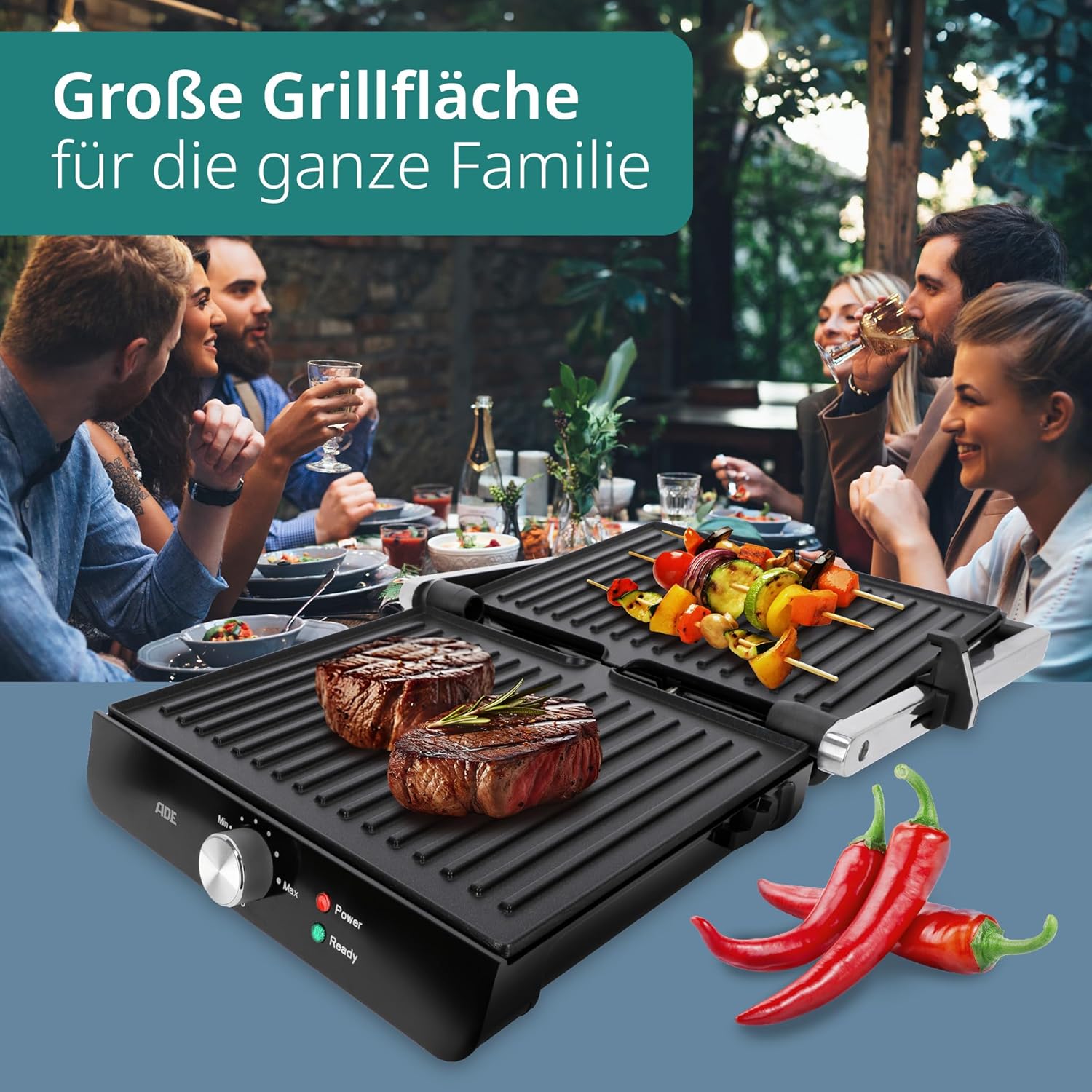 ADE - Barbecue électrique 3 en 1 XXL, plaques antiadhésives, 2.000 W