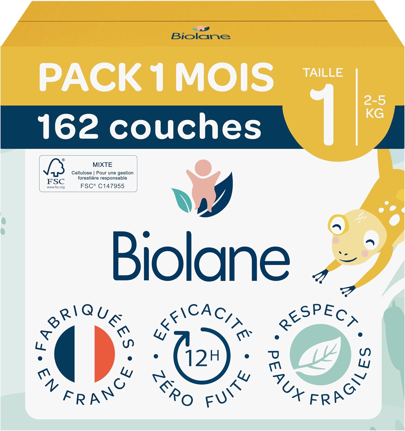 Biolane - couches bébé taille 1 (2-5 kg) - ultra-absorbantes, confort, jusqu'à 12h au sec, pack 162