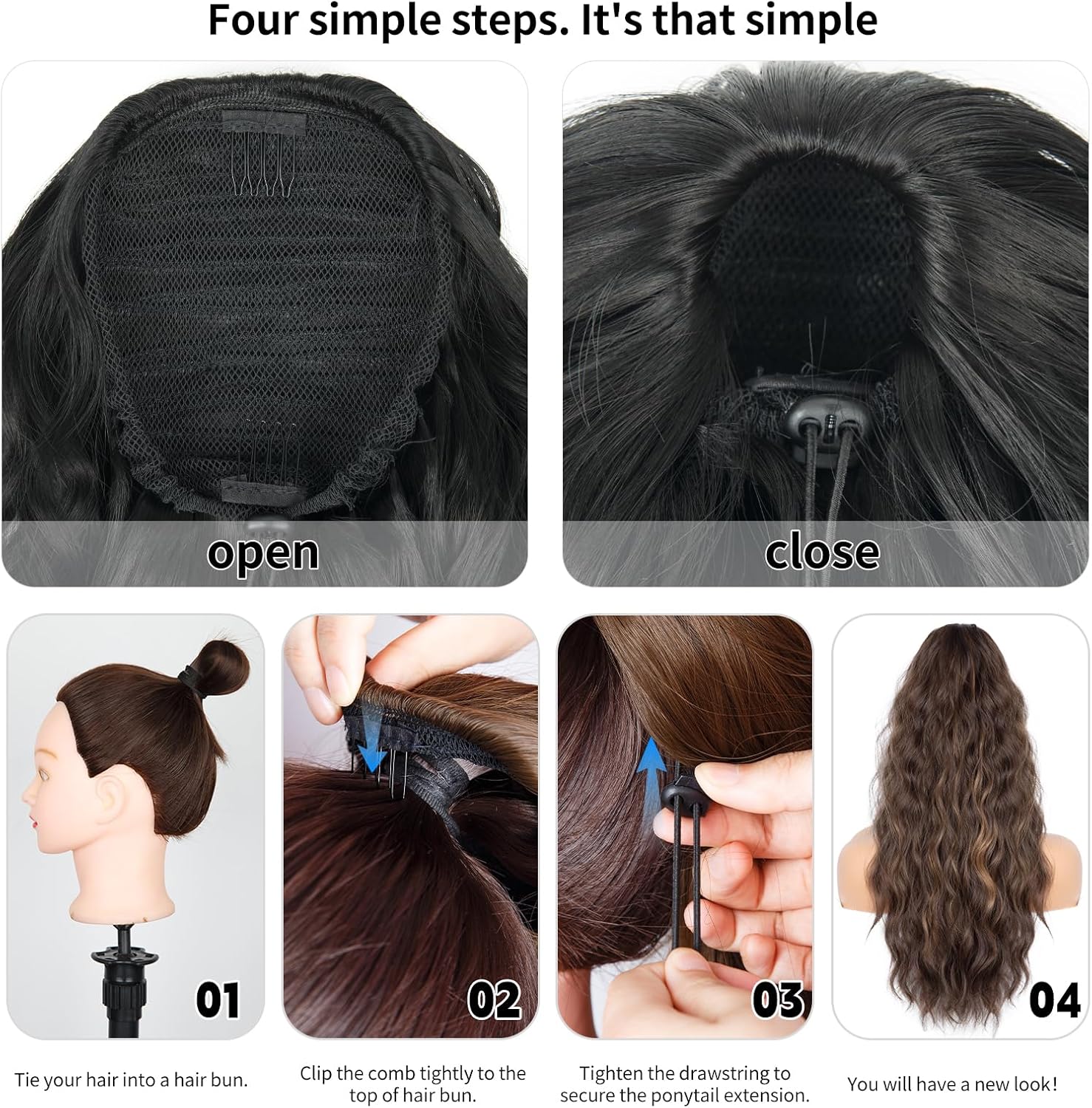 Extension cheveux naturel - queue de cheval 66cm, ondulée, marron