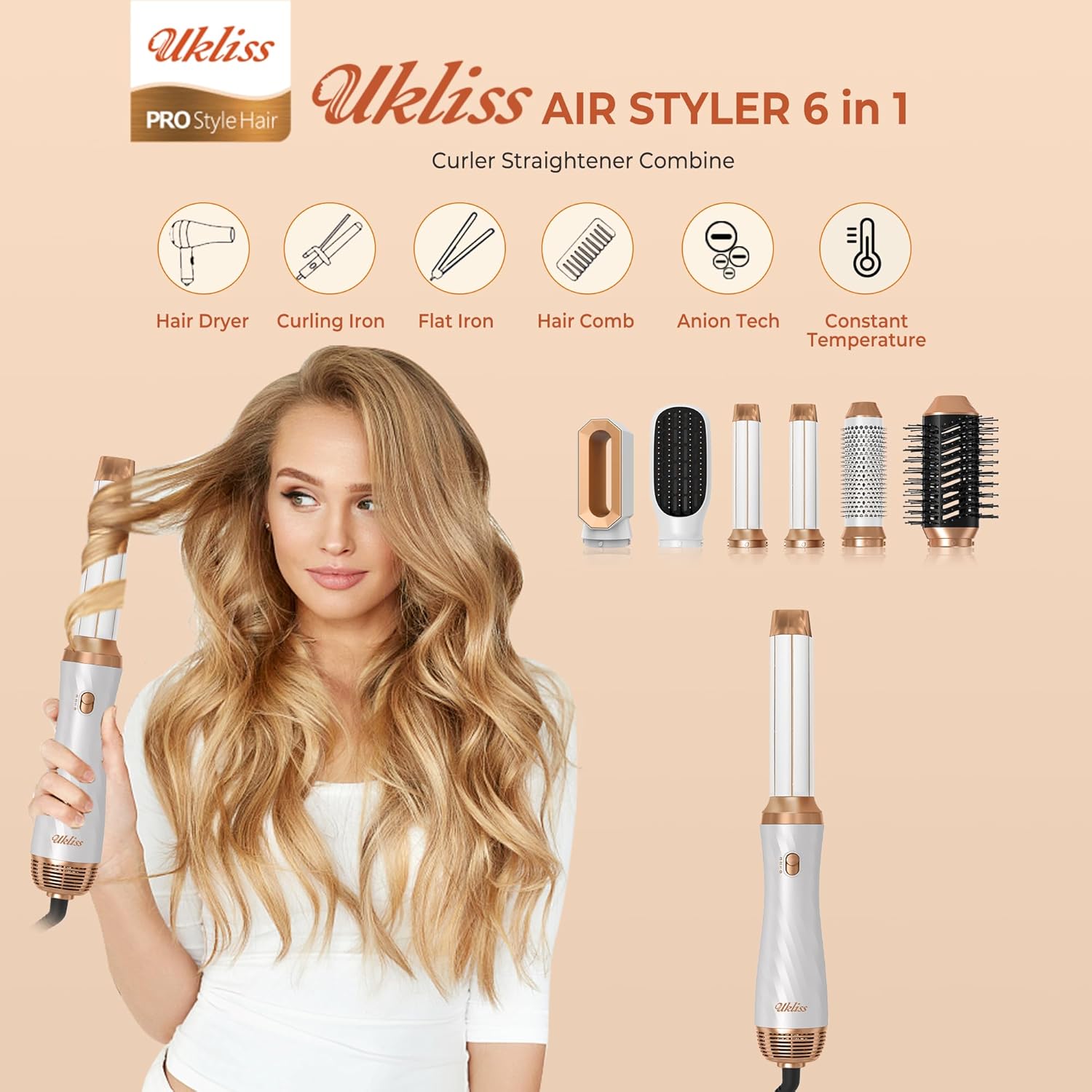 UKLISS - Airbrush 6 en 1 - Séchage, lissage, boucle - Blanc