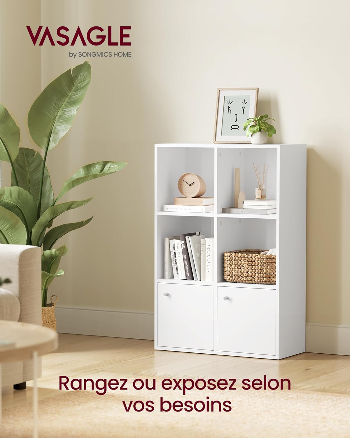 VASAGLE - bibliothèque 3 niveaux, 2 placards, 29x65,8x97,8 cm, LBC506WB01