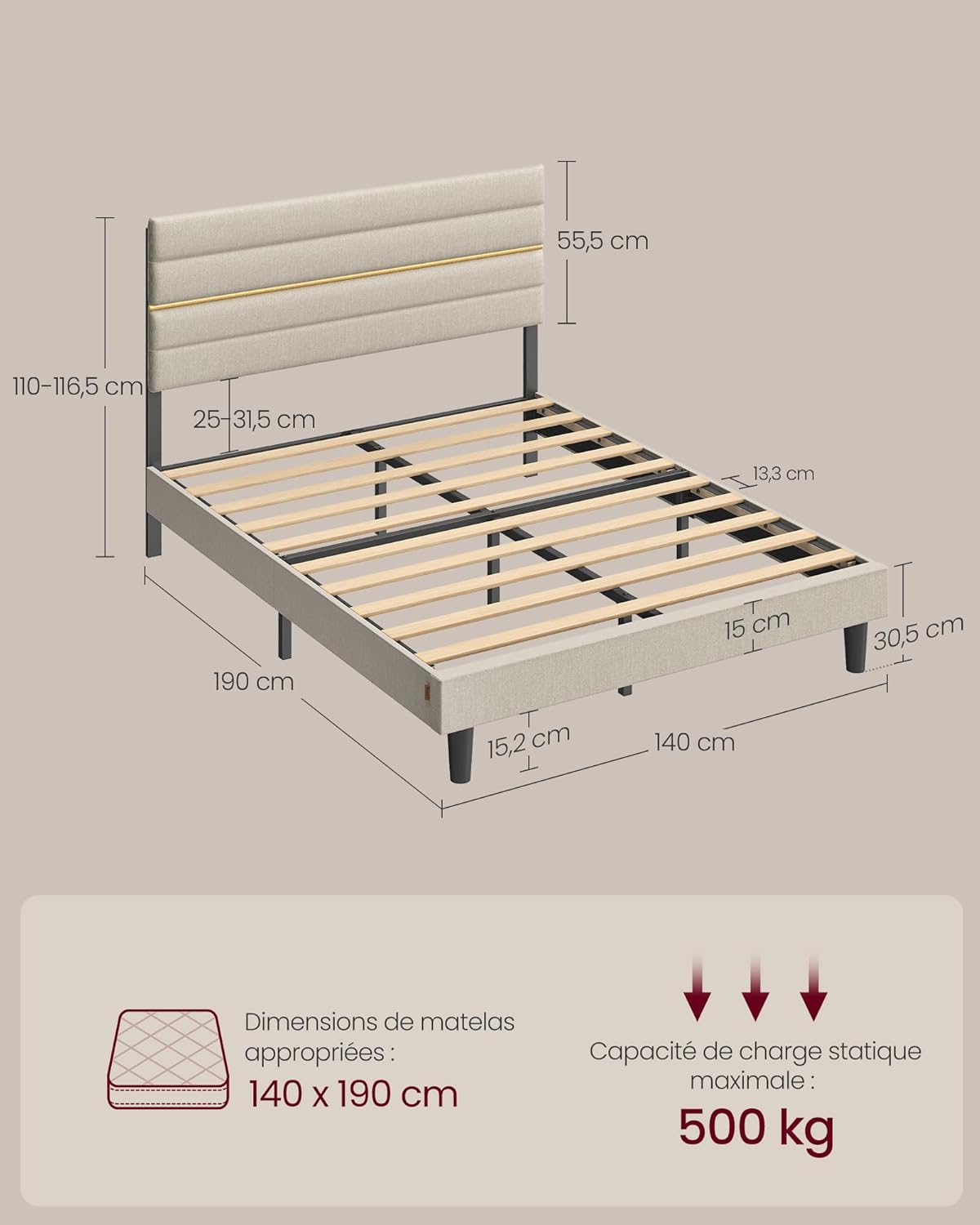 VASAGLE - lit double moderne - 140x190 cm - tête de lit rembourrée réglable, métal et bois massif - RMB503W01