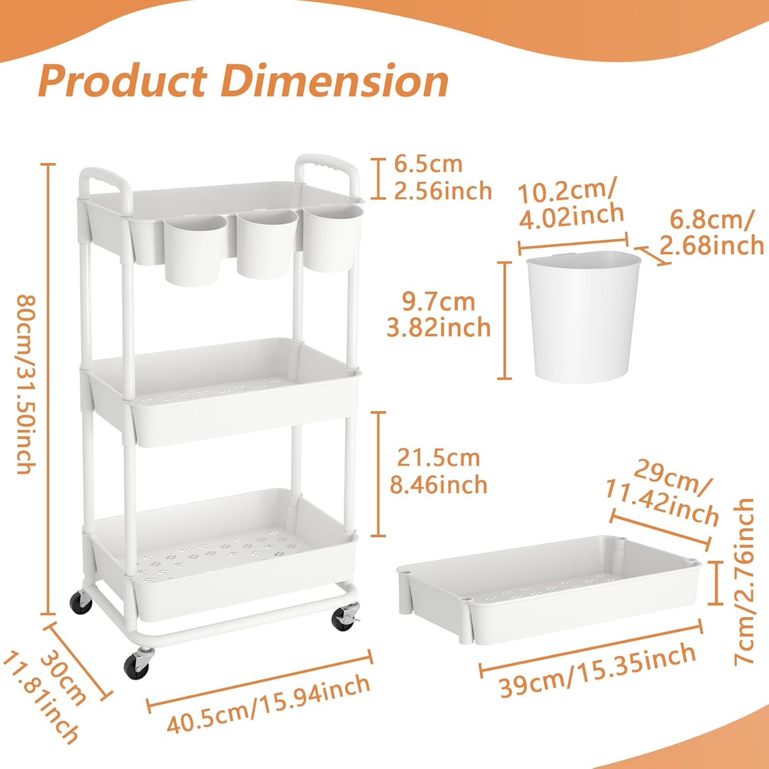 JIUYOTREE - chariot 3 niveaux, roulettes verrouillables, blanc, rangement compact