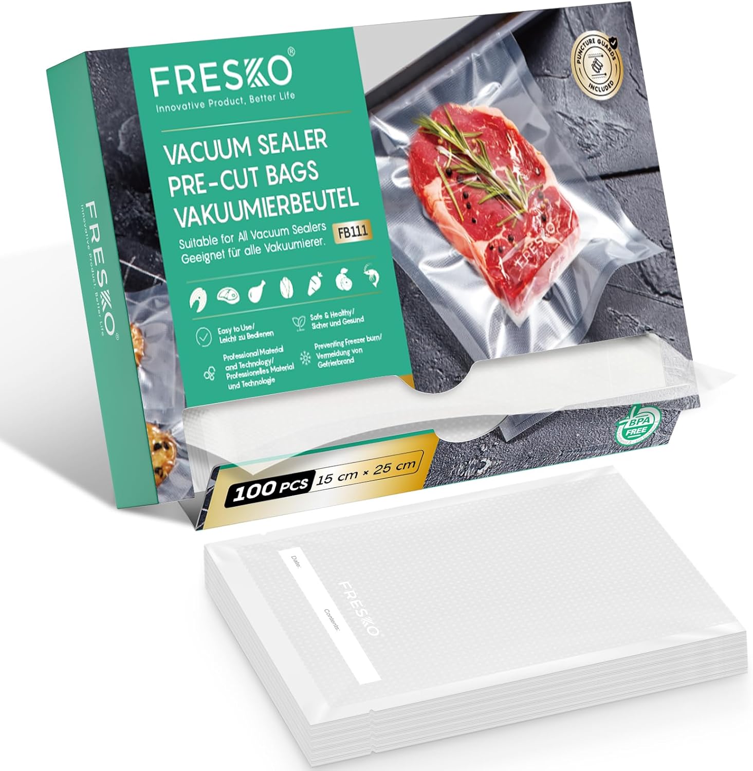 FRESKO - sacs sous vide gaufrés 15x25cm, 100pcs, sans BPA, réutilisables