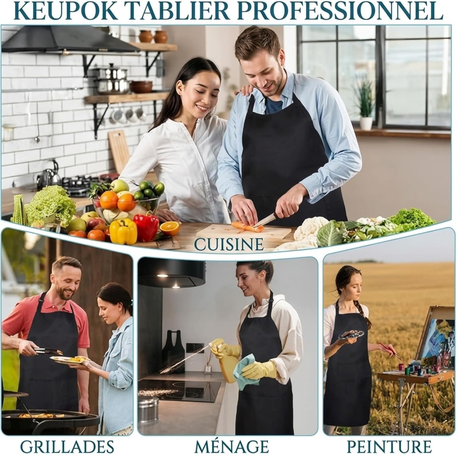 Tablier de cuisine - unisexe, réglable, poches, imperméable, anti-taches, idéal BBQ, peinture, coiffure, jardinage