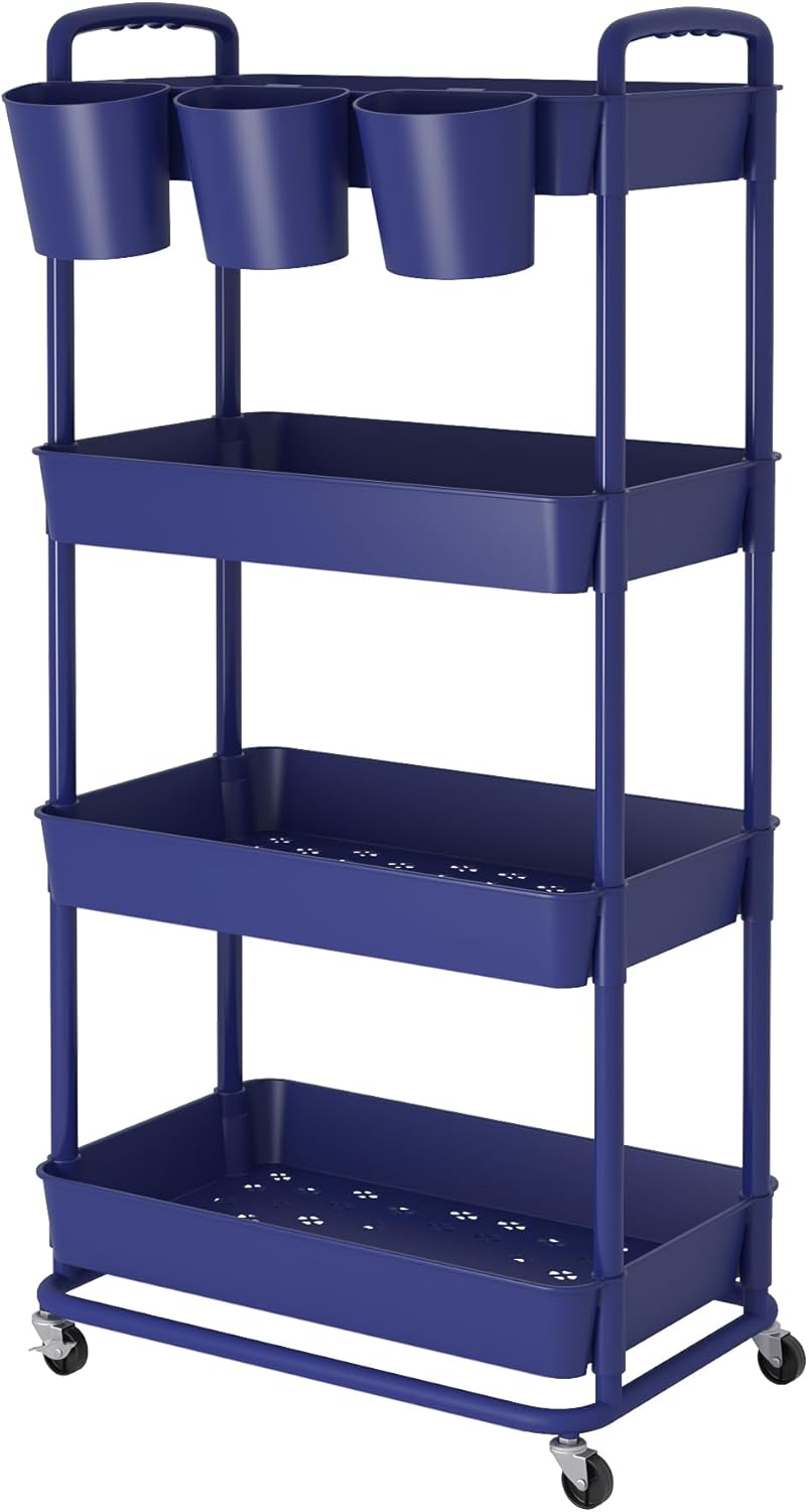 JIUYOTREE - Chariot 4 niveaux, poignées, roues verrouillables, bleu