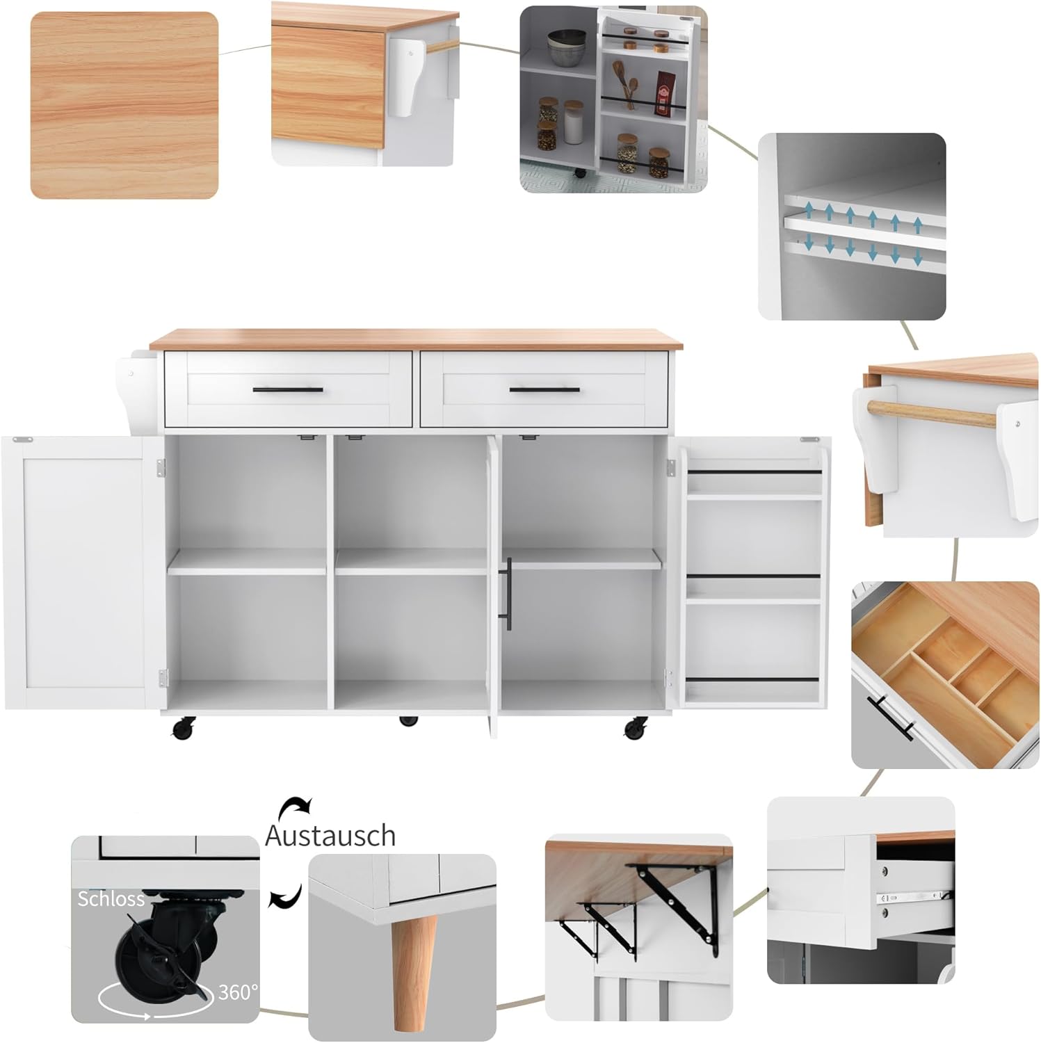 Desserte îlot de cuisine - blanc, 129x71x91,5cm - plans rabattables, 2 tiroirs, 3 portes