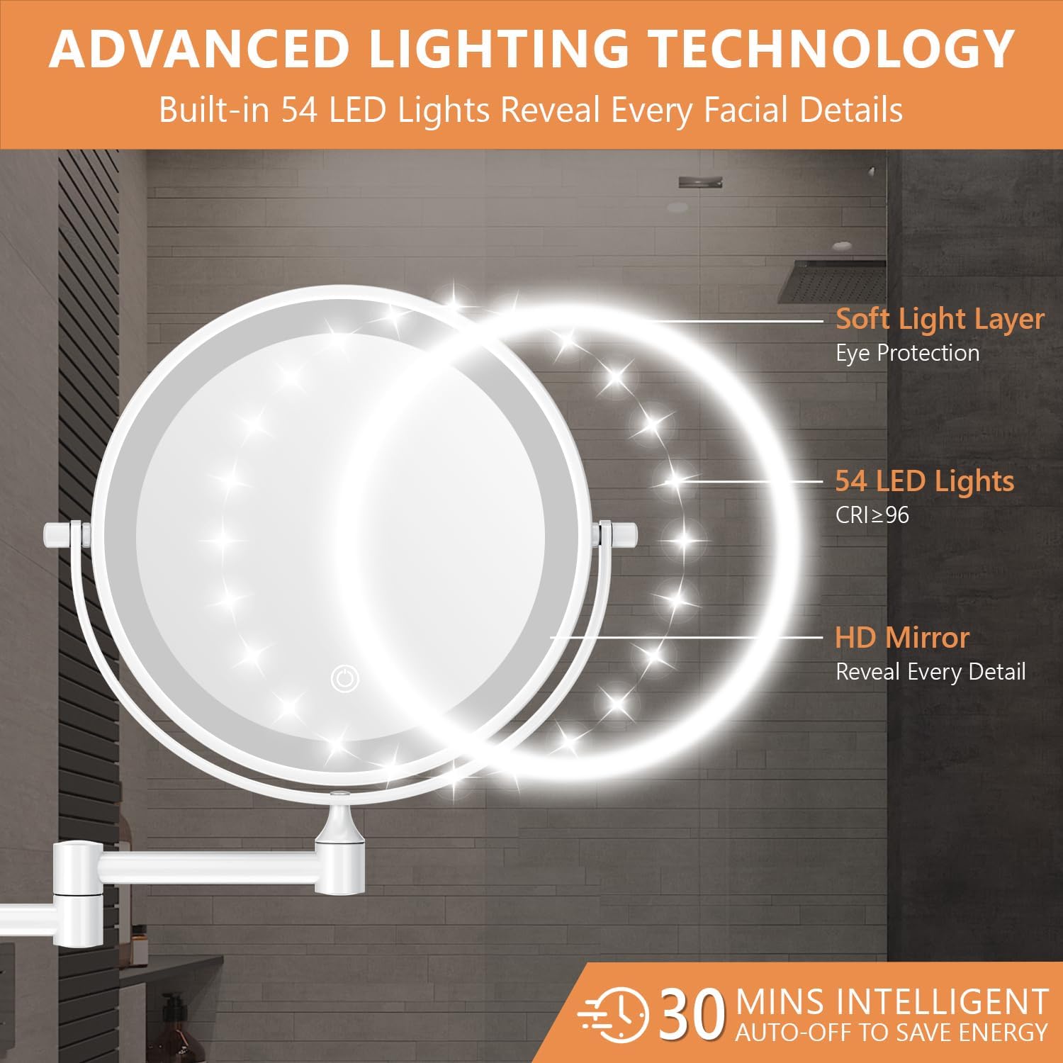 Auxmir - miroir mural série lumineuse - 8 pouces - grossissement 1x/30x, 3 couleurs, tactile, USB, 360° pivotant