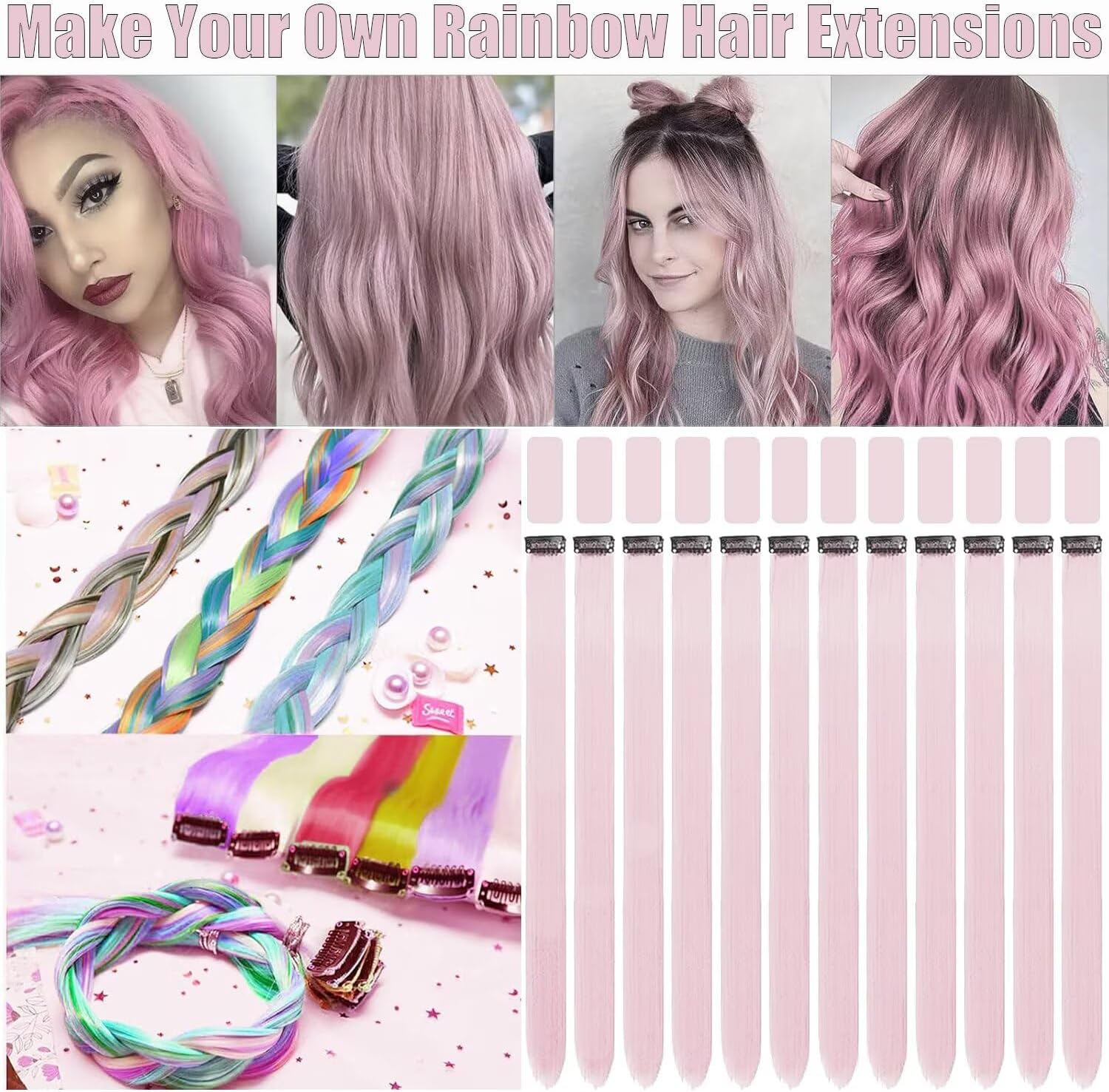 Jooceebaby - extensions à clip 12 pièces 55cm - synthétiques roses