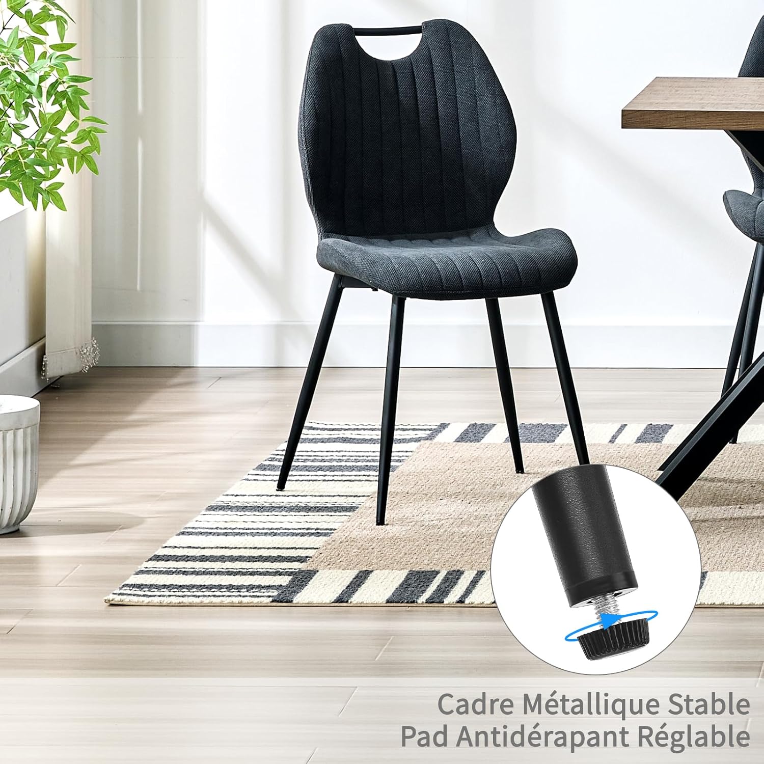 Chaises de salle à manger - lot de 2 - tissu gris foncé, pieds métal, dossier rembourré - dimensions compactes