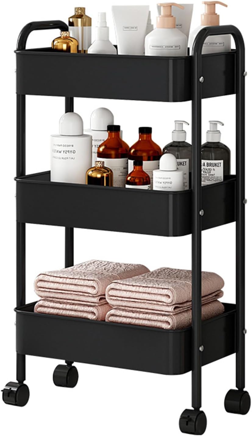 Chariot de rangement - 3 niveaux, métal, crochets, tasses inclus, cuisine/bureau - 60x40x30cm