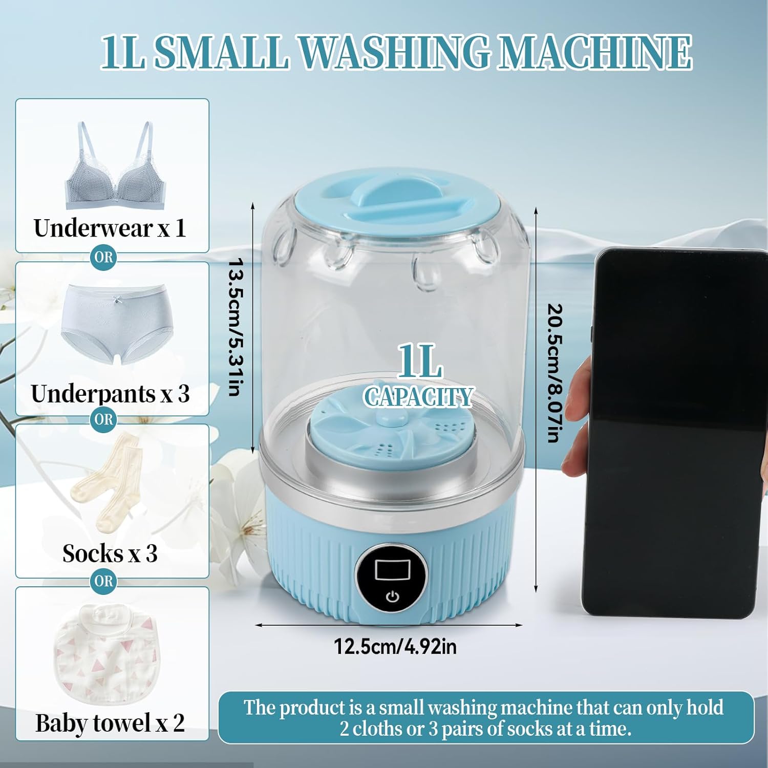 Mini machine à laver portable – compacte, sans fil, 2 modes, idéal sous-vêtements