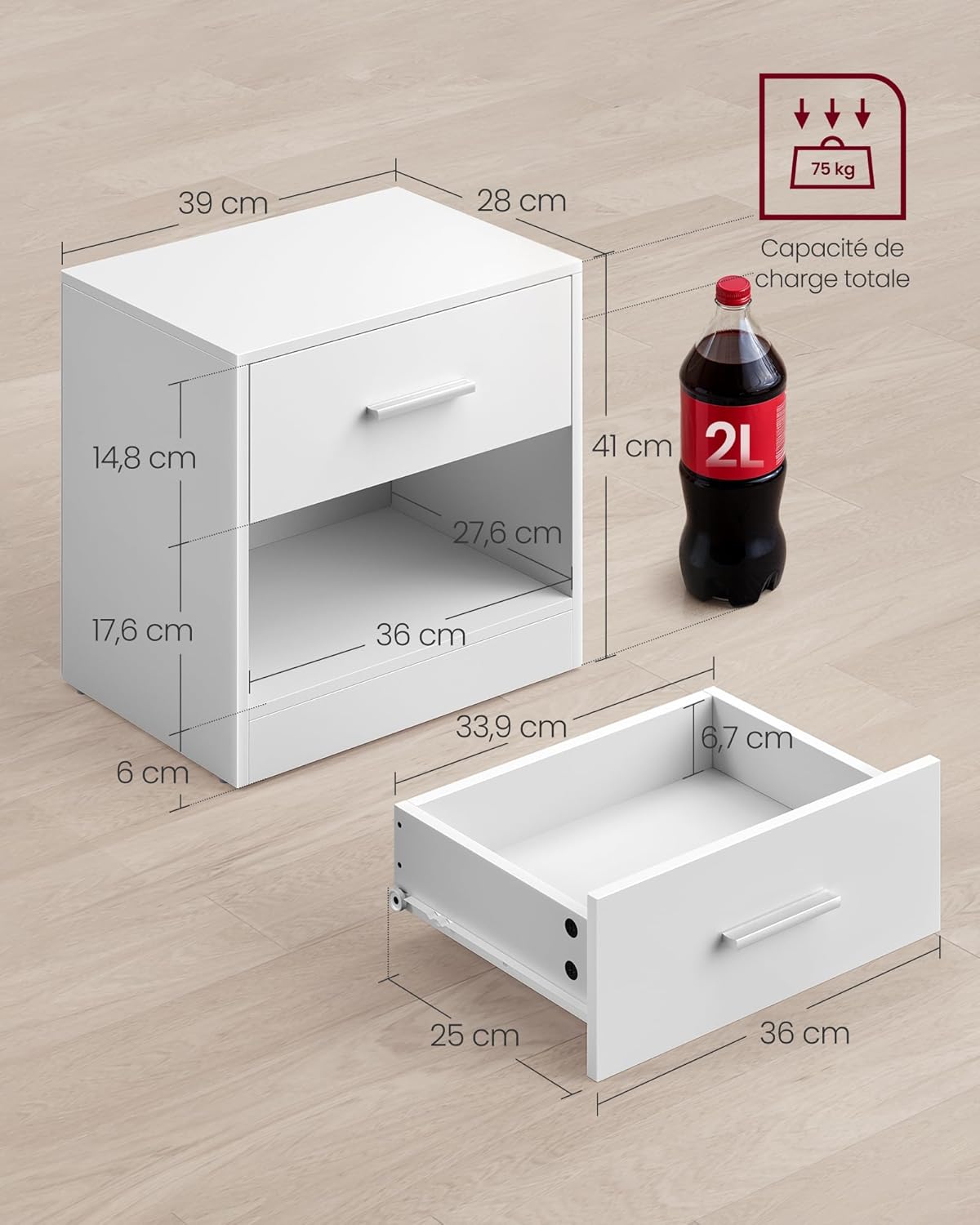 VASAGLE – Table de nuit lot de 2 – blanc, tiroir, compartiment ouvert, LET819T14