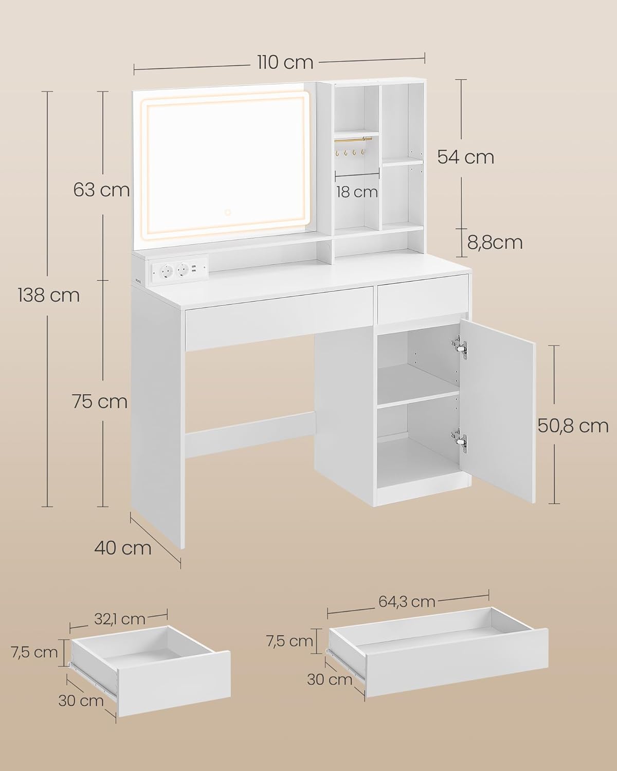 VASAGLE - KAILYN - 110 cm - Coiffeuse LED, 3 éclairages, tiroir, multiprise, RDT634WB01