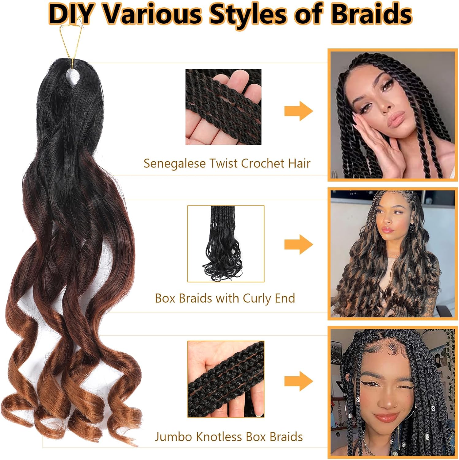 Mèches pour tresses africaines - French Curl - 16 pouces - 8 packs, cheveux ondulés bouncy, mélange 1B/33/30