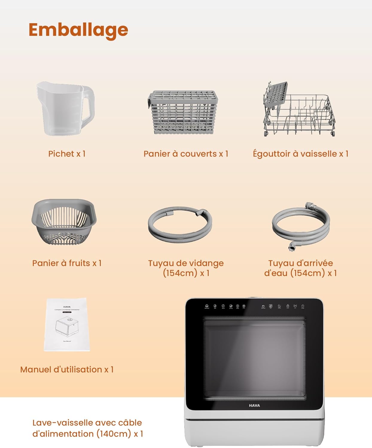 HAVA - lave-vaisselle de comptoir série 2025 - compact, adoucisseur d'eau, 8 programmes, sécurité enfant