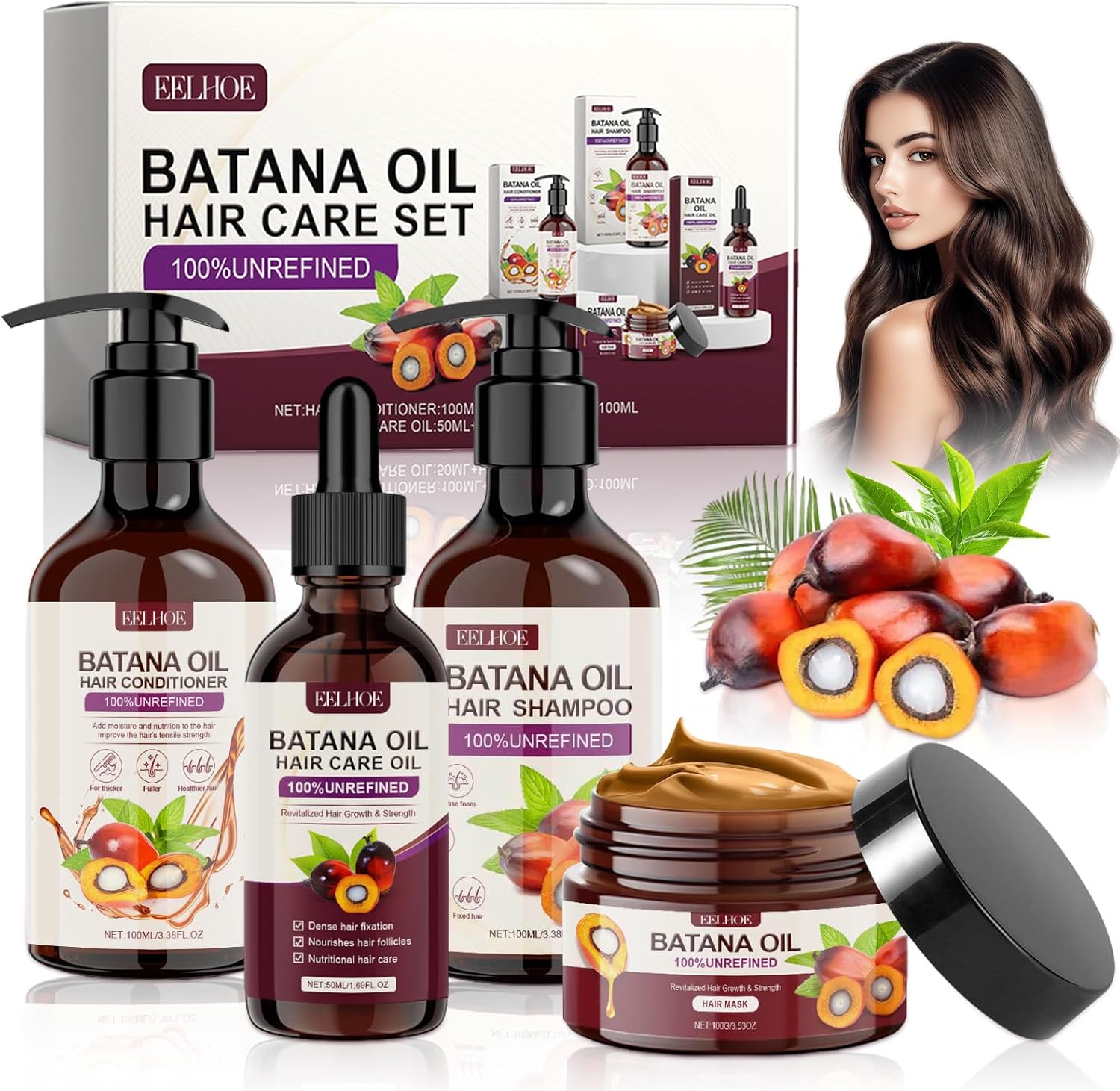 Traitement à l'huile pour cheveux - Coffret 4 pièces - Shampoing, après-shampooing, huile, crème - Soins croissance et h