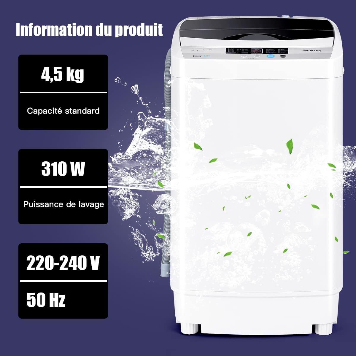 GOPLUS - lave-linge série - 50x50x85 cm - 4,5kg, 10 programmes, LED