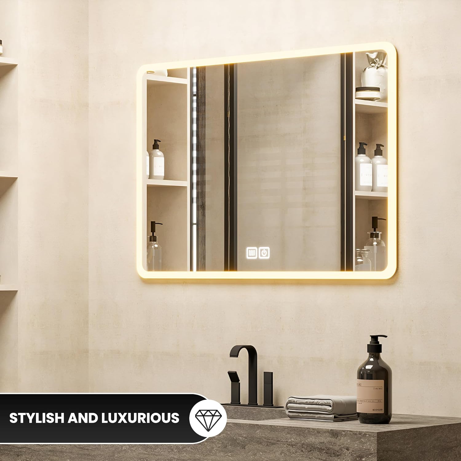 Bayt - miroir LED mural, 75x52cm, antibuée, 3 lumières, moderne