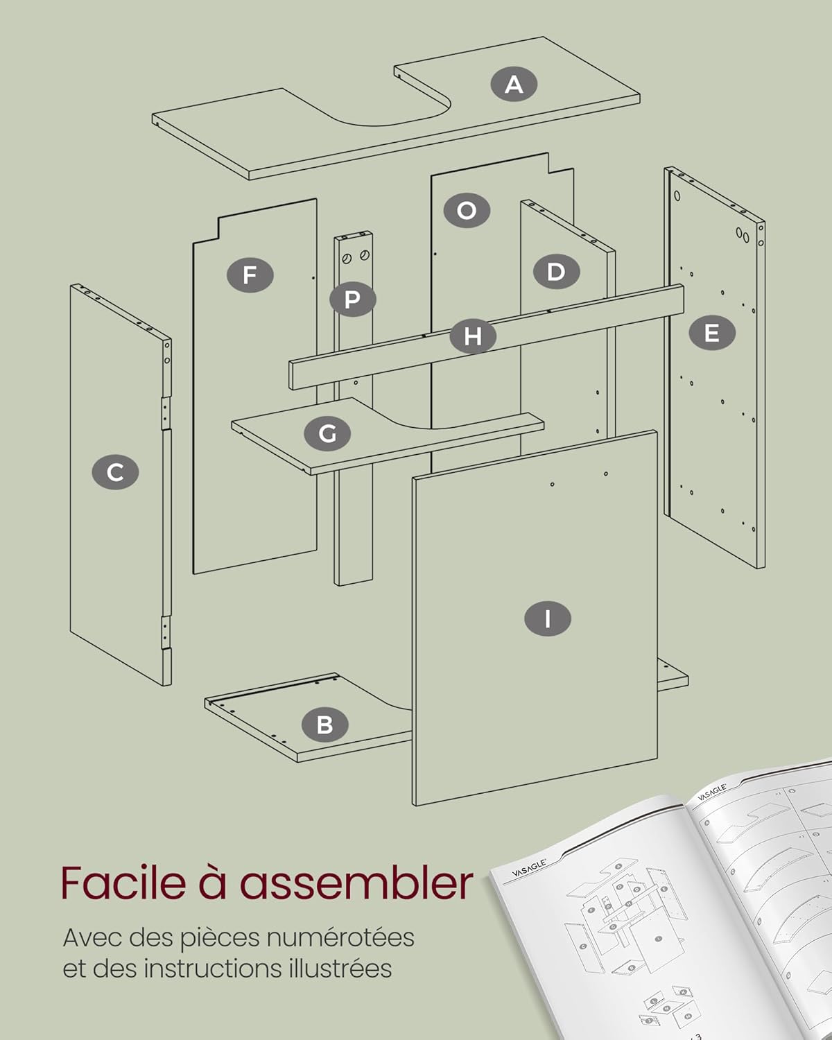 VASAGLE - meuble sous lavabo, 30x70x64 cm, 3 tiroirs, 2 cases, BBK504K01