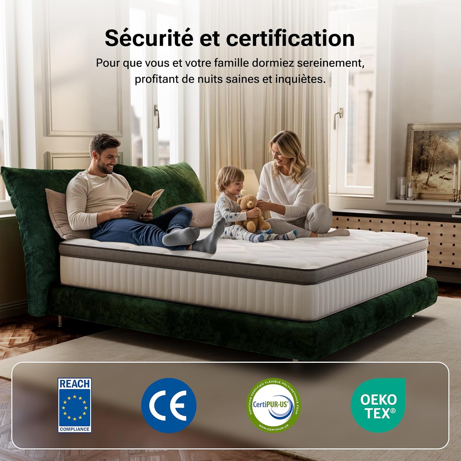 TXO - Matelas hybride 7 zones 90x200 cm, ressorts fermeté moyenne, Oeko-Tex