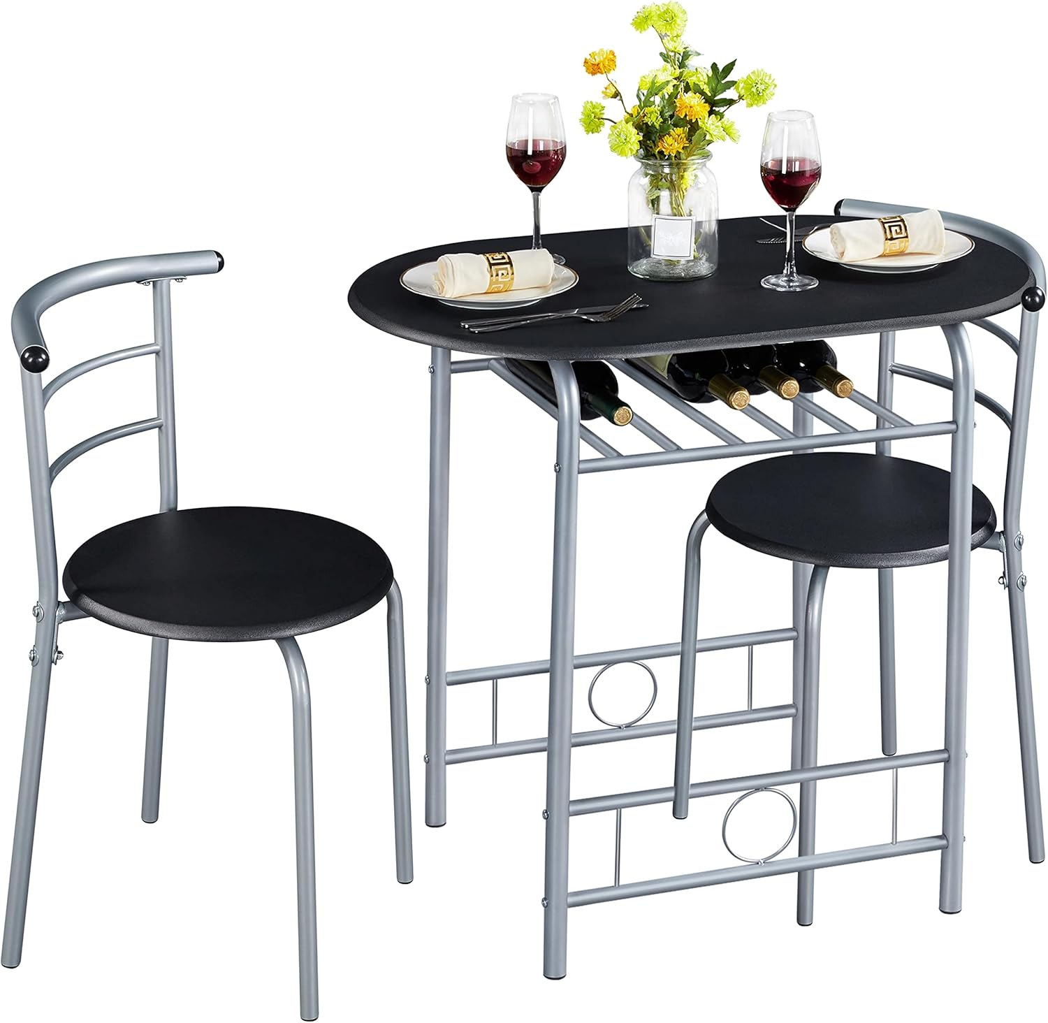 Yaheetech - Ensemble table et 2 chaises, porte-bouteilles, compact, noir