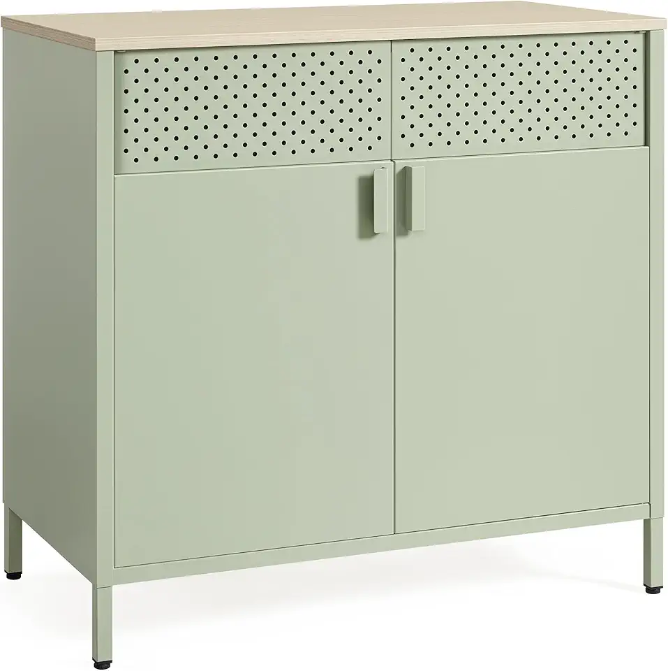 SONGMICS - buffet série métal - 40x80x76 cm - acier, portes magnétiques, vert laurier/chêne naturel LSC102C01