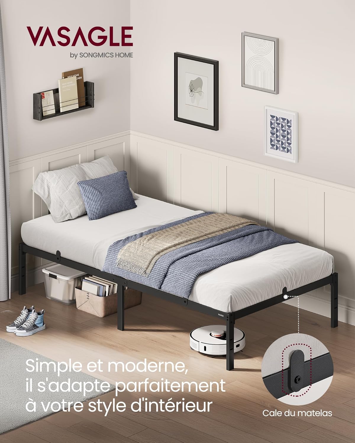 VASAGLE - cadre lit simple - 90x190 cm - métal, rangement, montage facile, RMB131B01