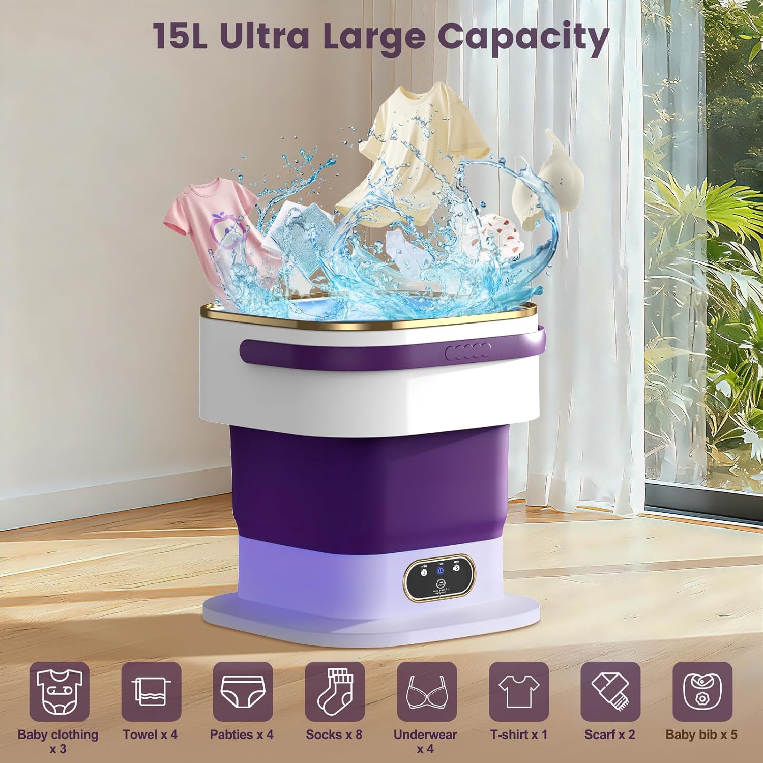 Mini Machine à Laver - 15L portable 2 en 1, essorage, 3 modes, violet