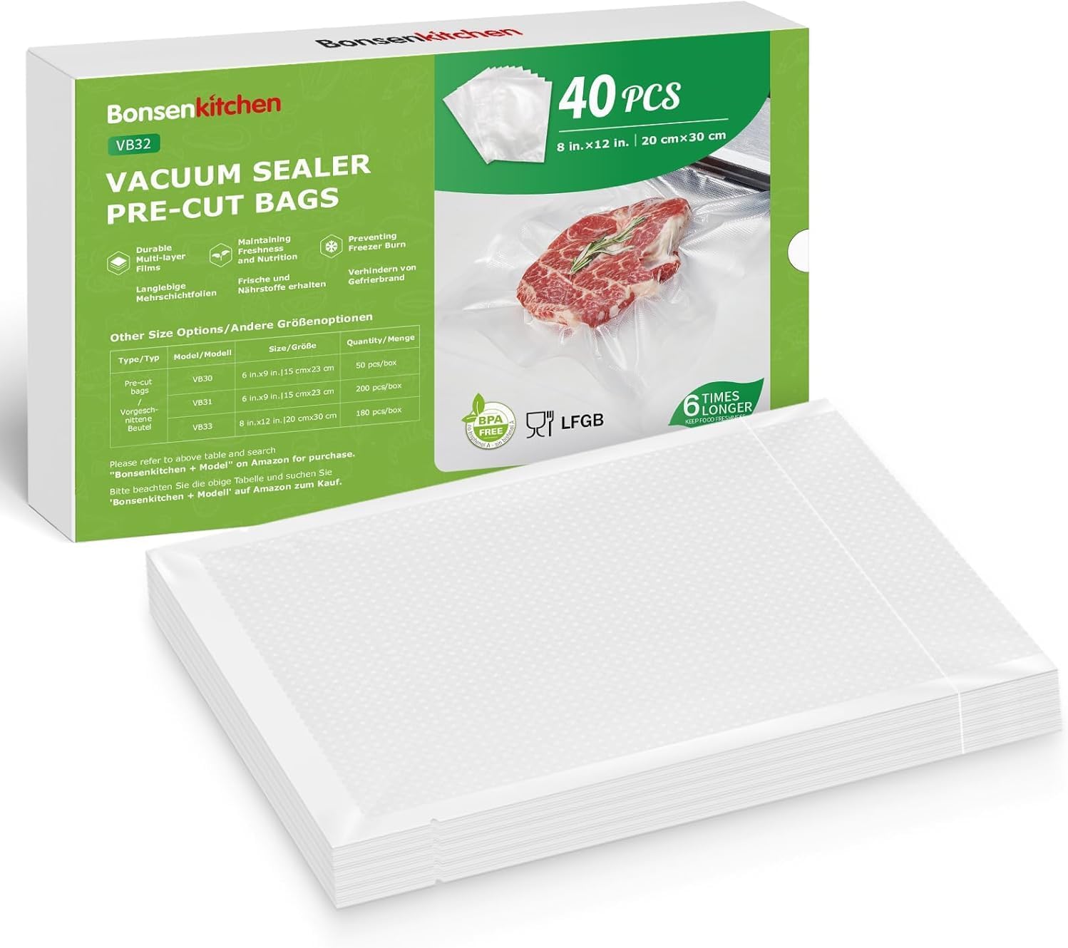 Bonsenkitchen - sacs sous vide VB32 - 20x30 cm - 40 sachets sans BPA