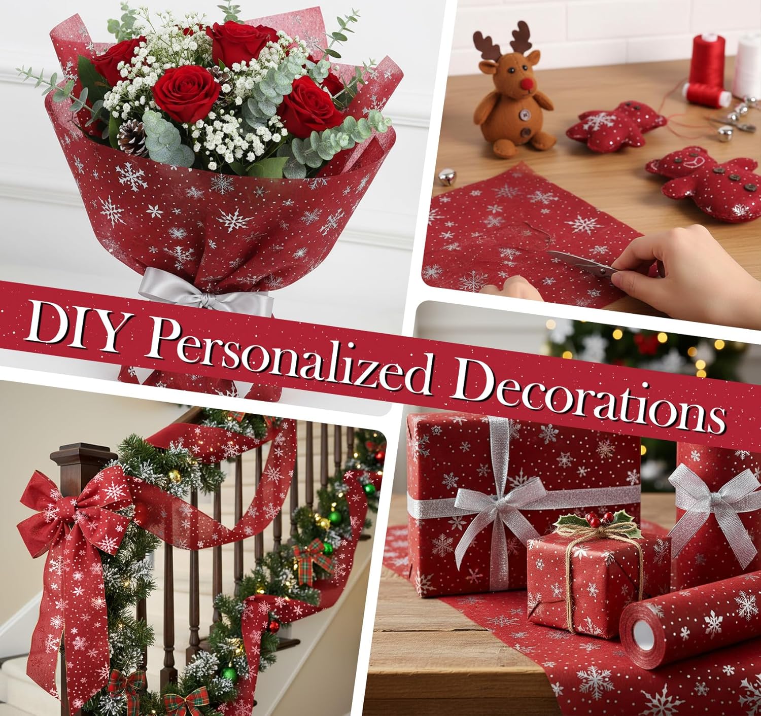 Chemin de table - rouge flocons argentés - 30m x 23cm - déco fêtes noël