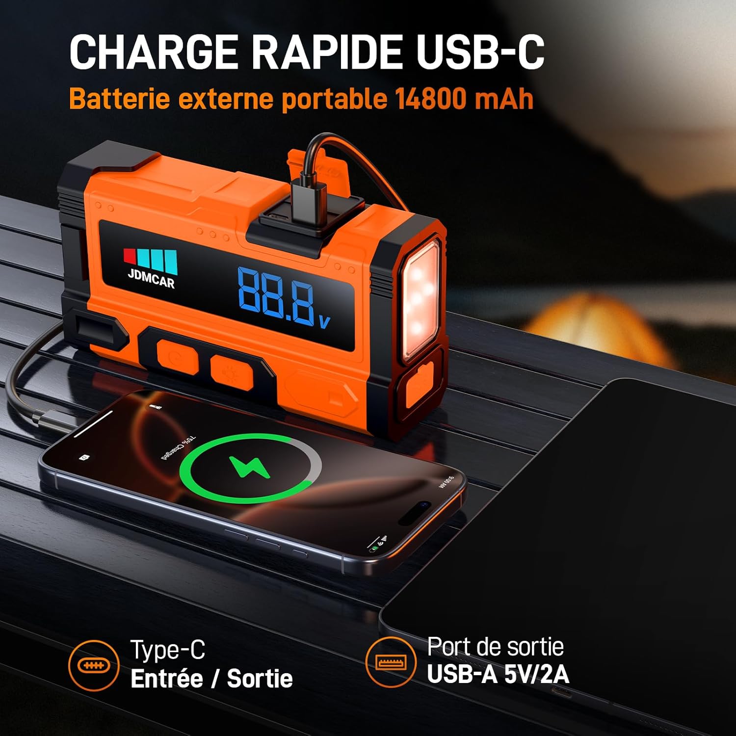 JDMCAR - Booster Batterie Série 7000A, 14.8V, LED, 9L Essence, 8.5L Diesel